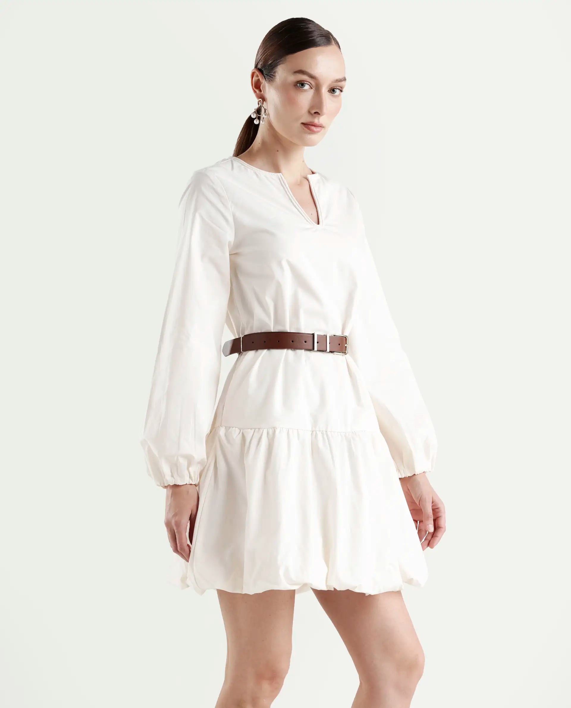 Rareism Women's Aelisi Beige Cotton Full Sleeve A-Line Printed Dress