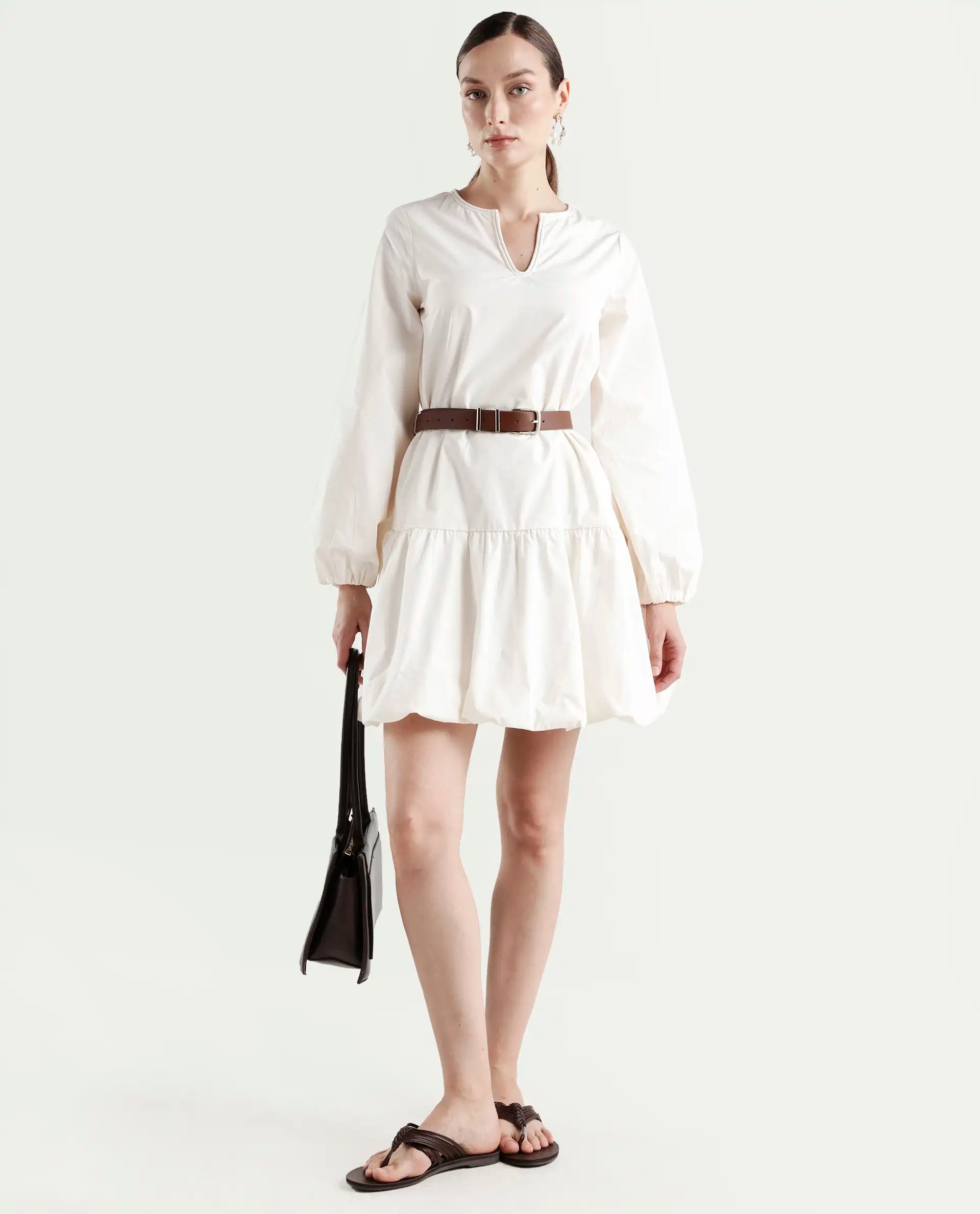 Rareism Women's Aelisi Beige Cotton Full Sleeve A-Line Printed Dress