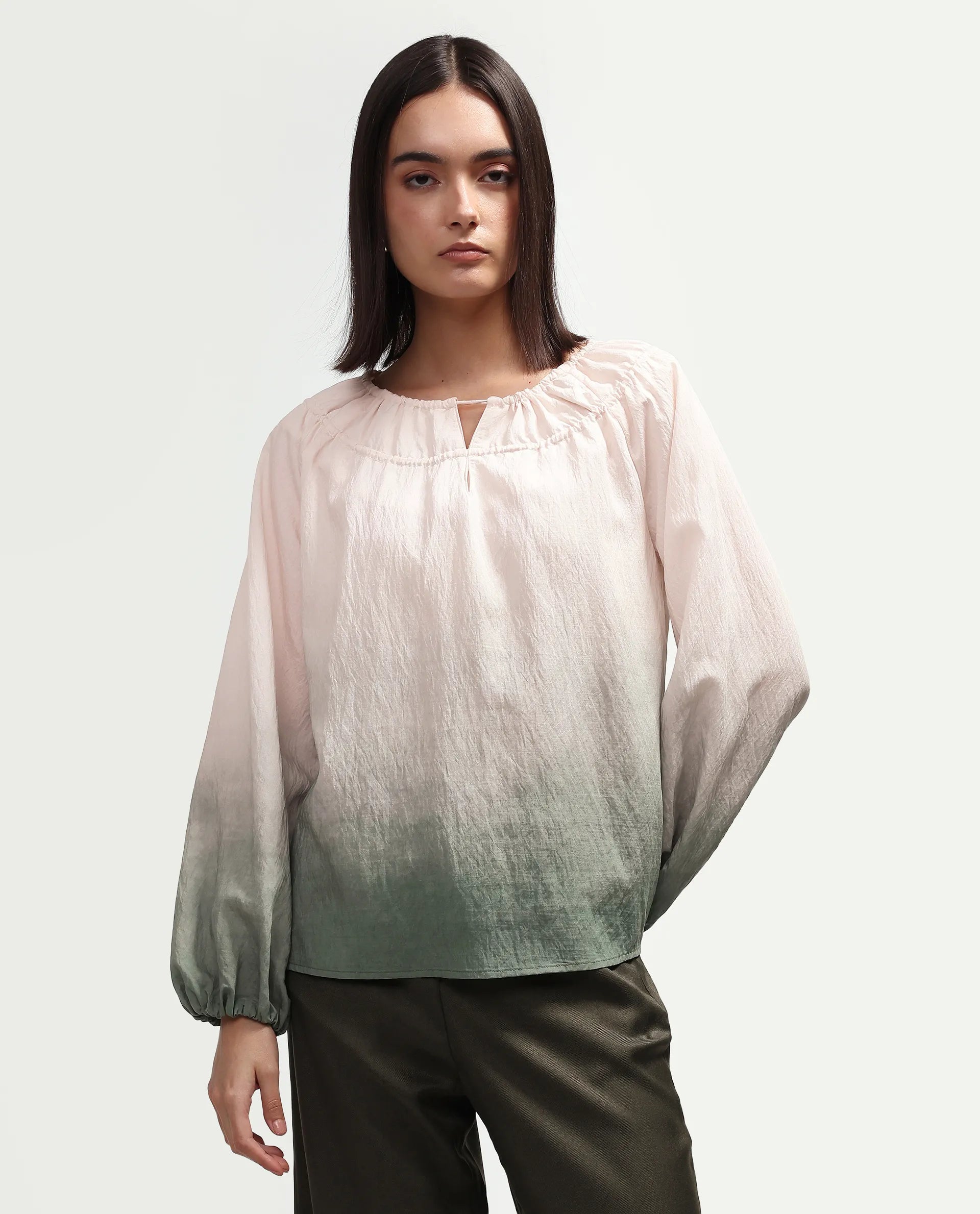Rareism Women's Aelus Olive Viscose Blend Full Sleeve Regular Fit Ombre Print Top