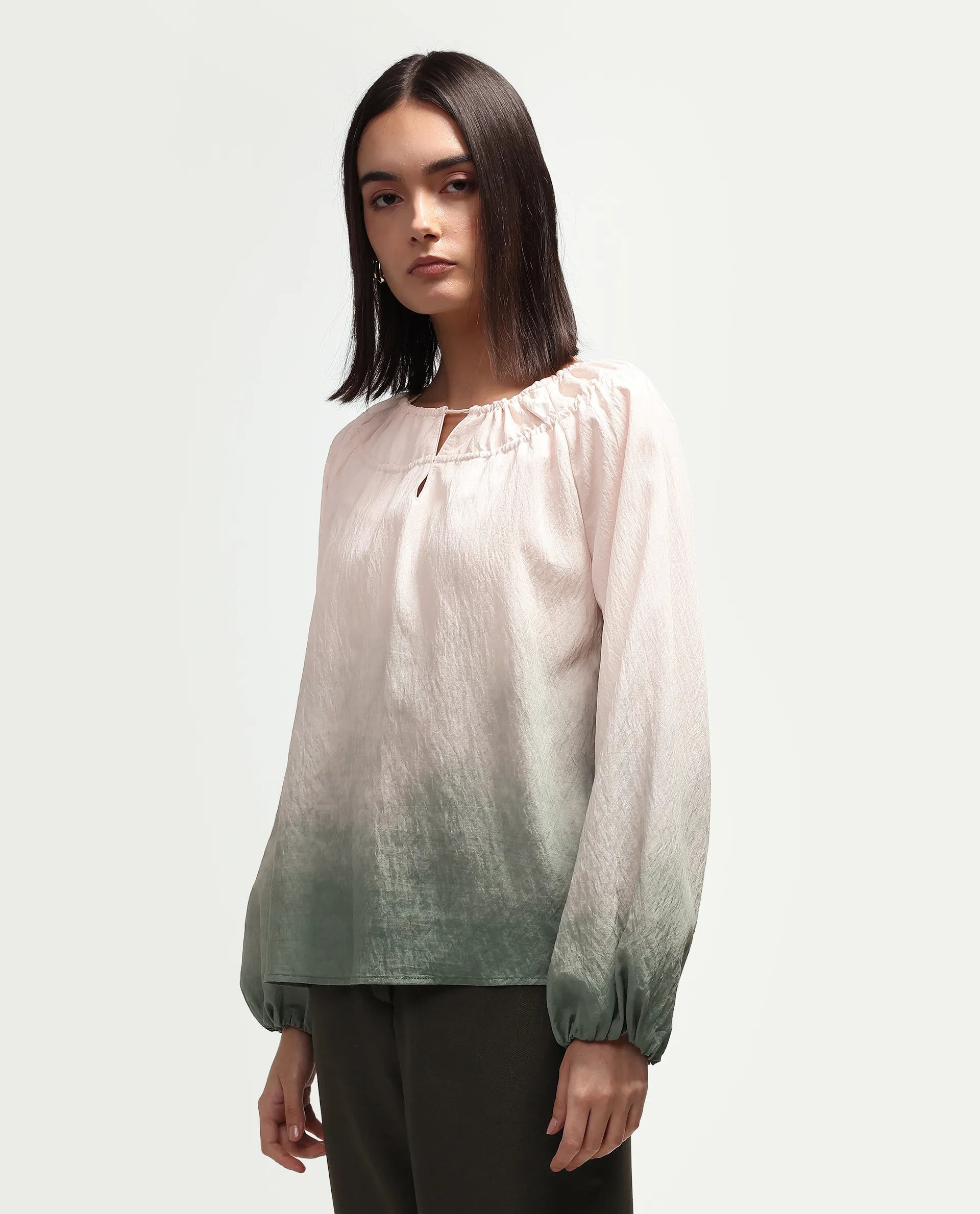 Rareism Women's Aelus Olive Viscose Blend Full Sleeve Regular Fit Ombre Print Top