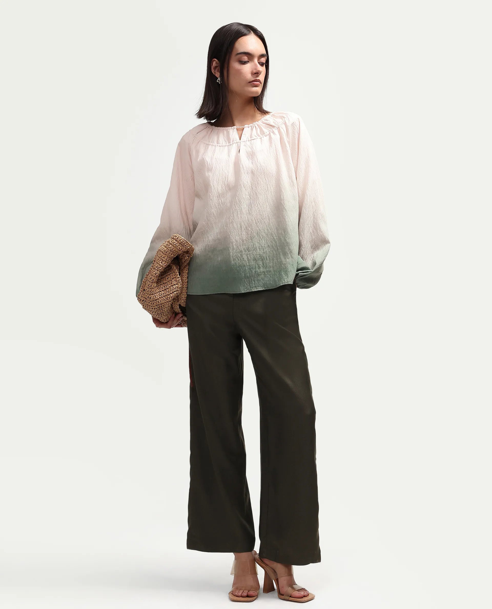 Rareism Women's Aelus Olive Viscose Blend Full Sleeve Regular Fit Ombre Print Top