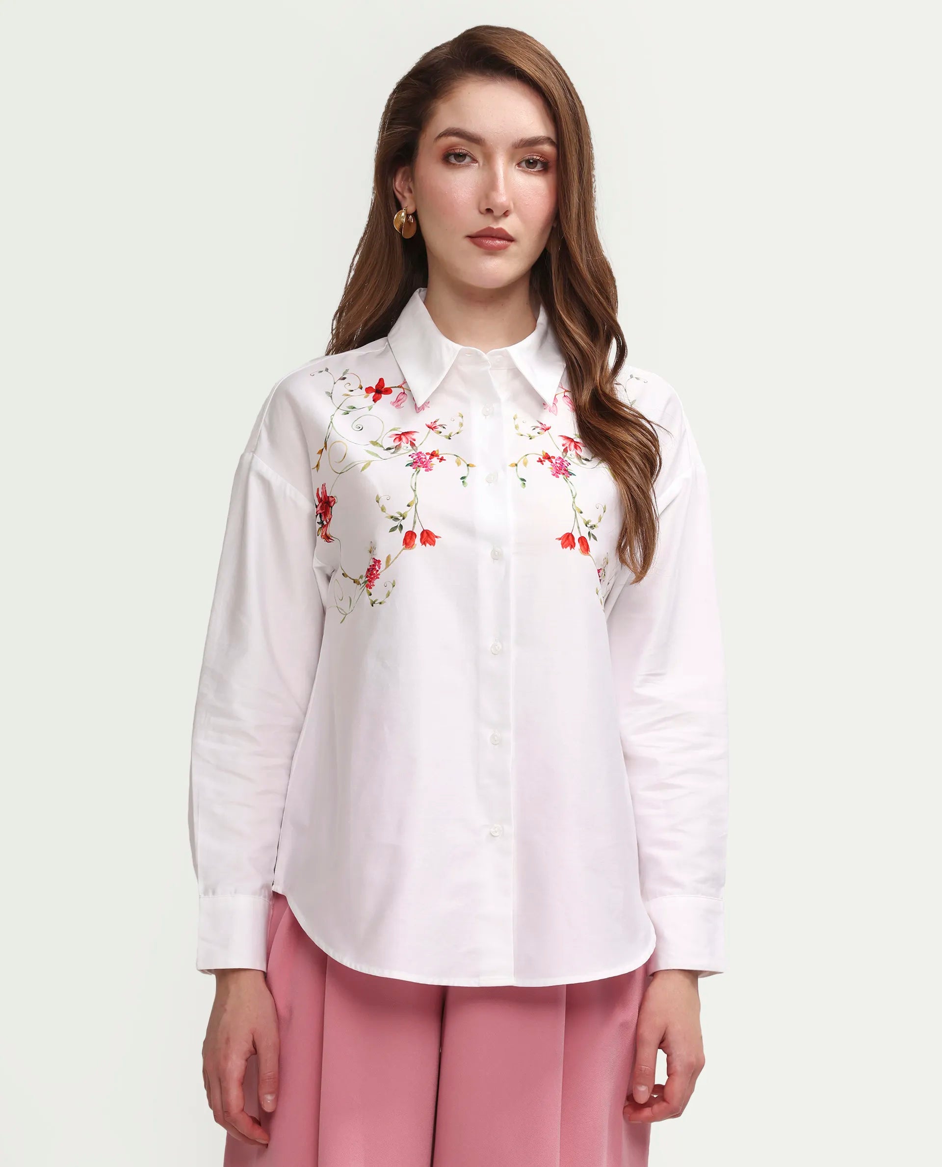 Rareism Women's Aerie Off White Cotton Full Sleeve Oversize Fit Floral Print Shirt