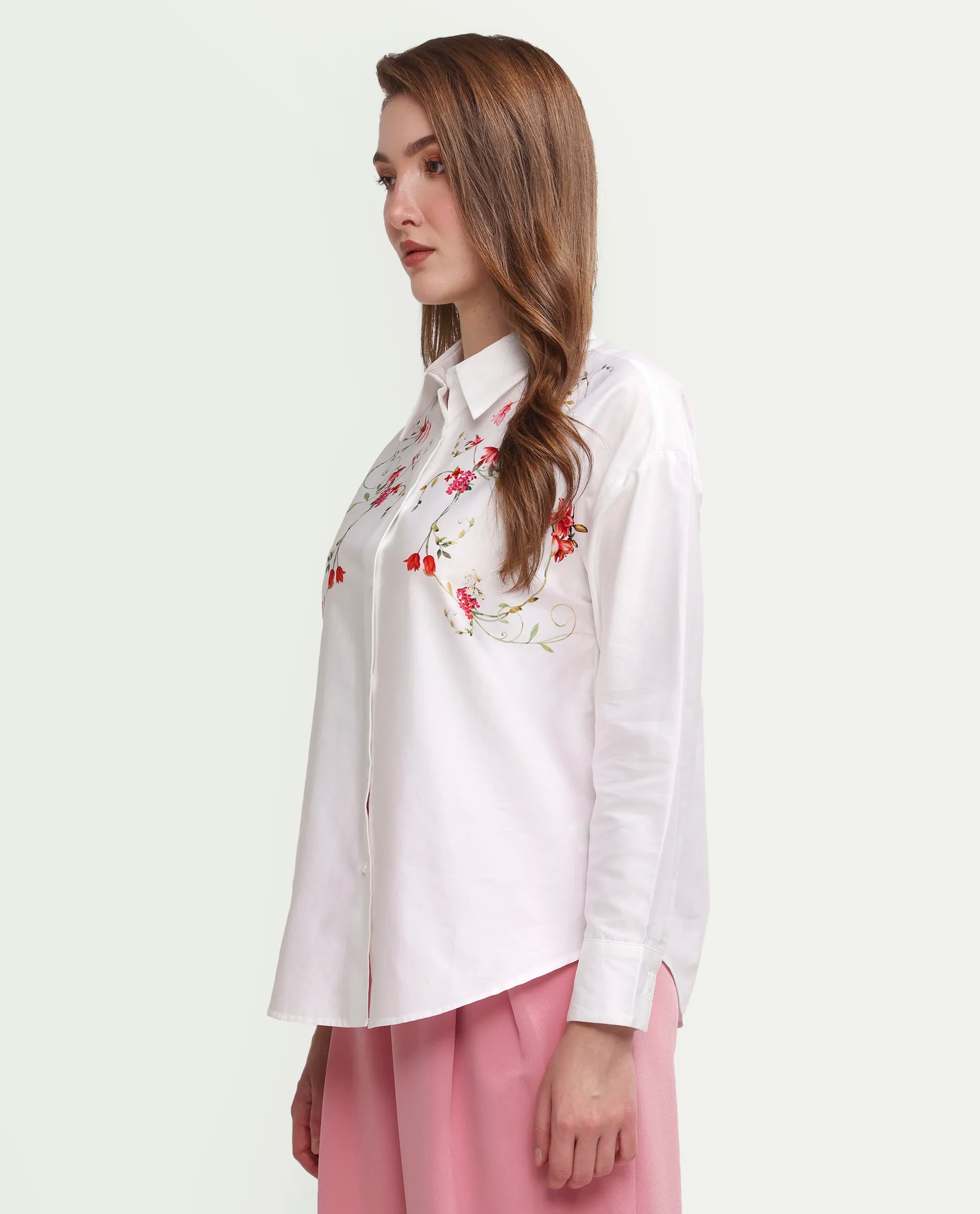 Rareism Women's Aerie Off White Cotton Full Sleeve Oversize Fit Floral Print Shirt