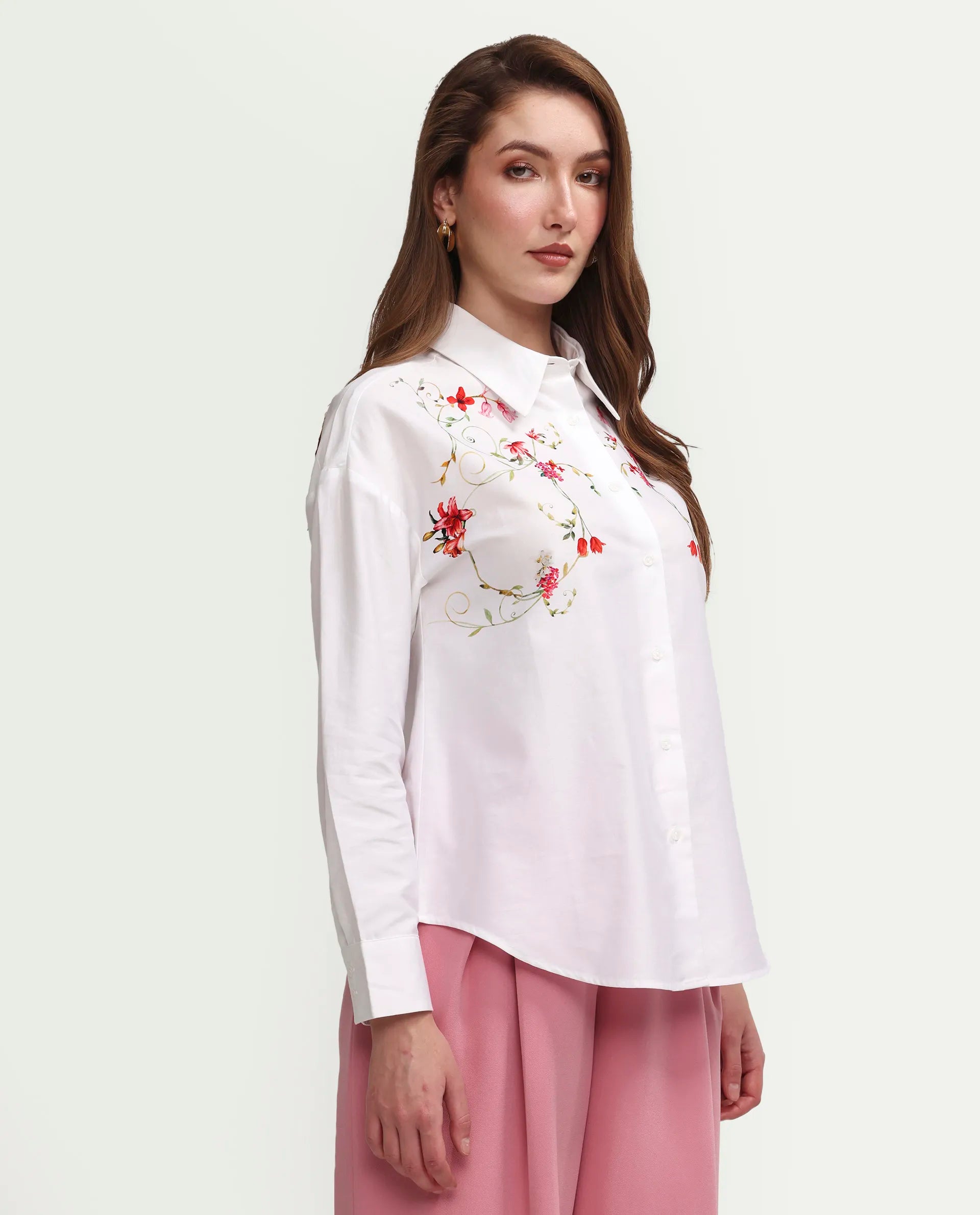 Rareism Women's Aerie Off White Cotton Full Sleeve Oversize Fit Floral Print Shirt