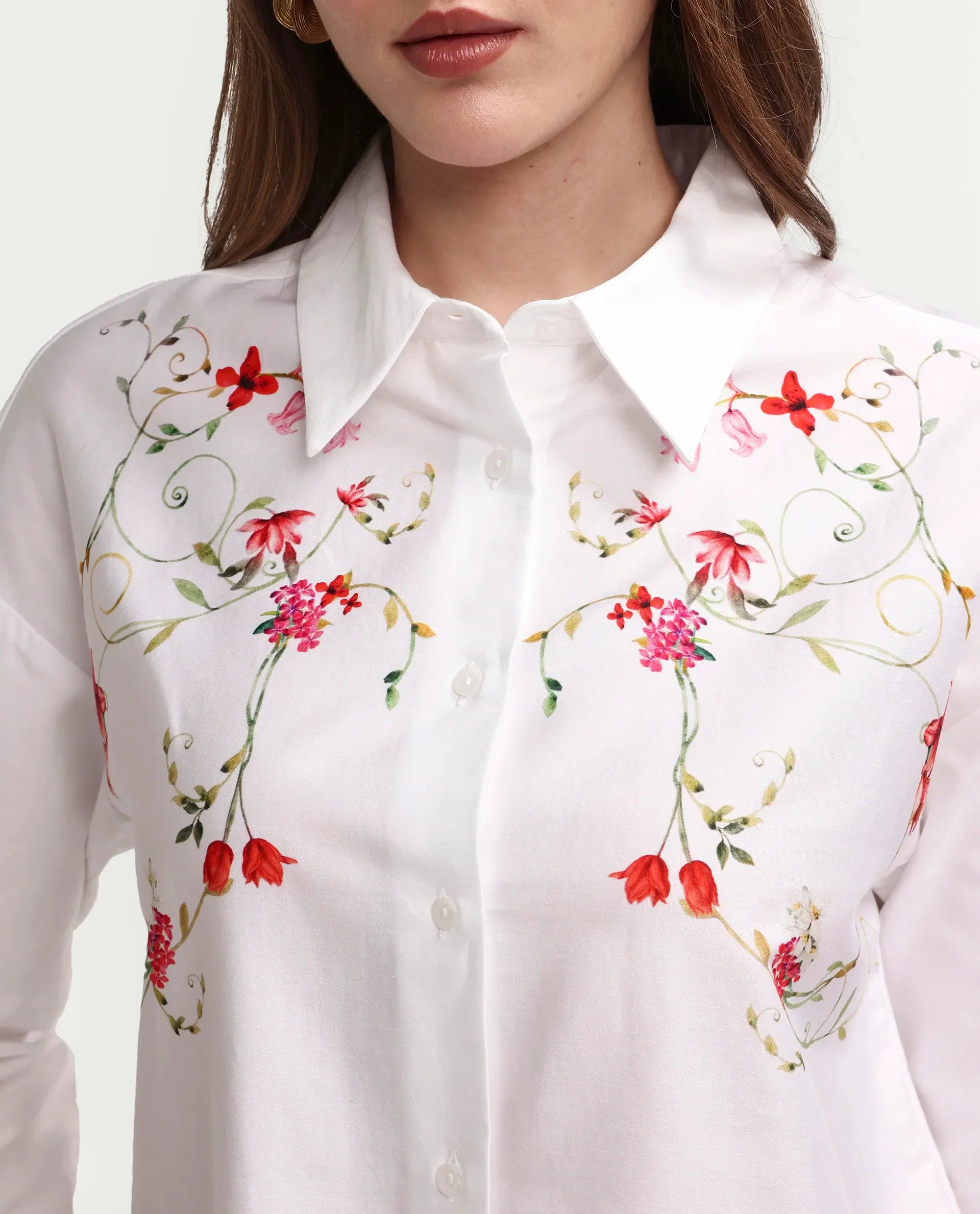 Rareism Women's Aerie Off White Cotton Full Sleeve Oversize Fit Floral Print Shirt