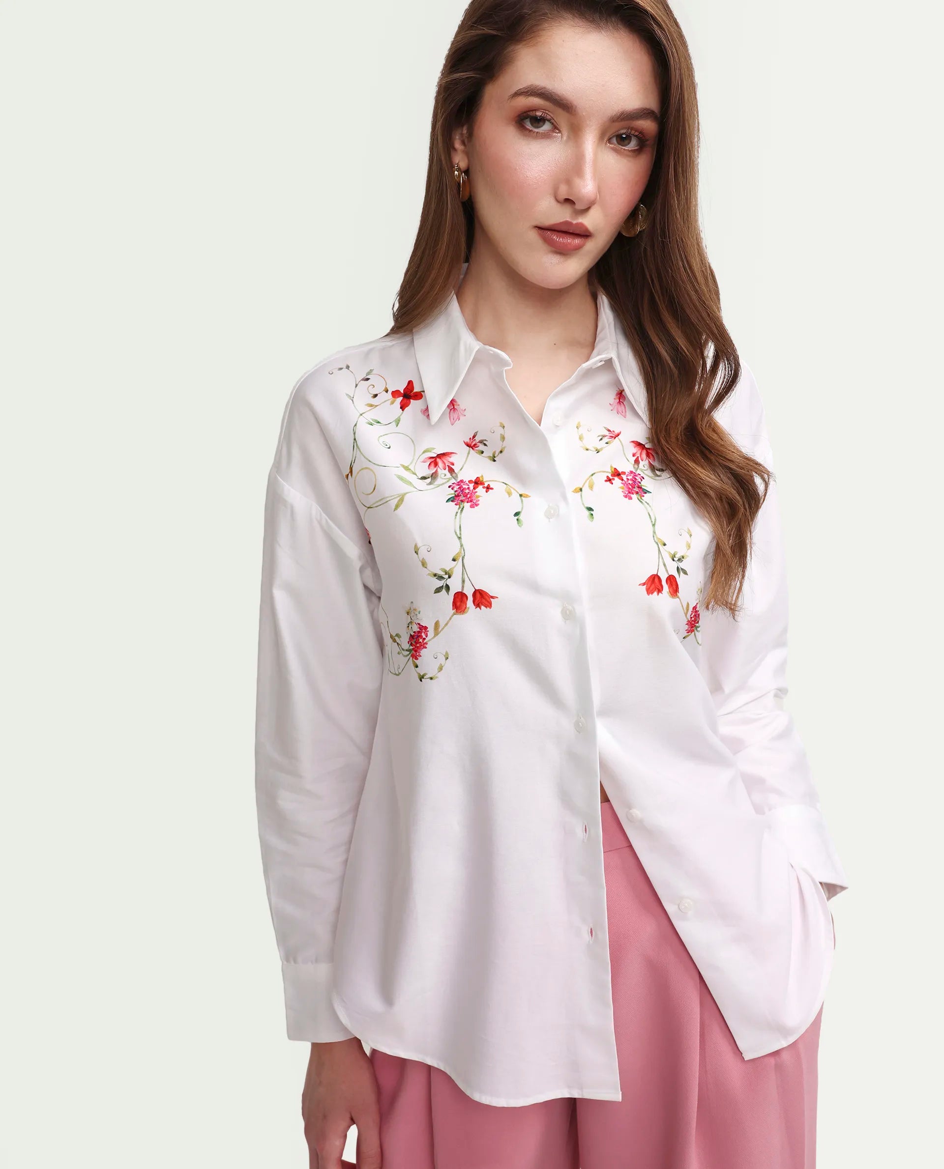 Rareism Women's Aerie Off White Cotton Full Sleeve Oversize Fit Floral Print Shirt