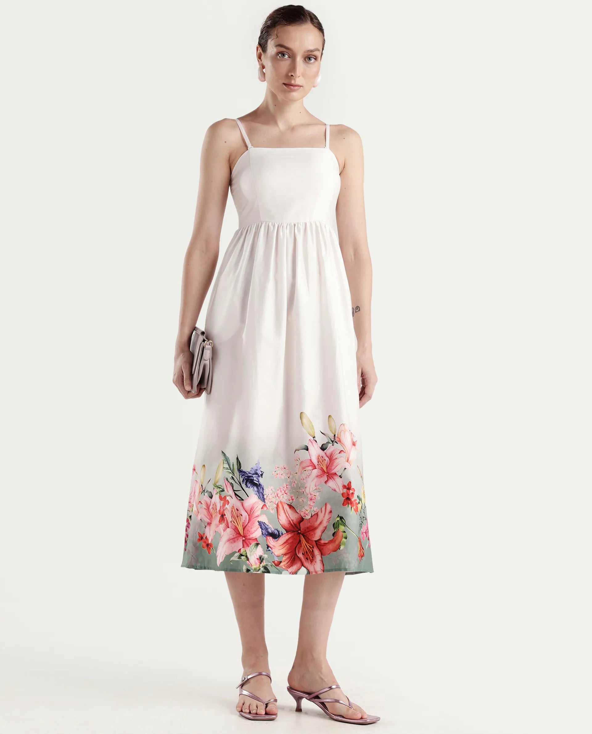 Rareism Women's Agate Off White Cotton Sleeveless Fit And Flare Printed Dress