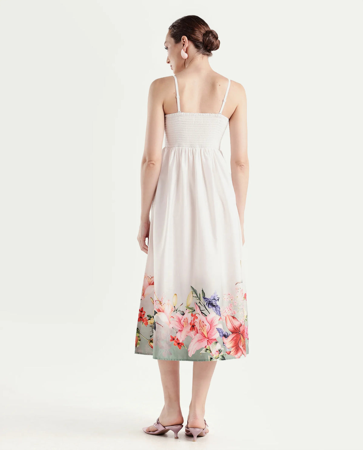 Rareism Women's Agate Off White Cotton Satin Sleeveless Fit And Flare Printed Dress