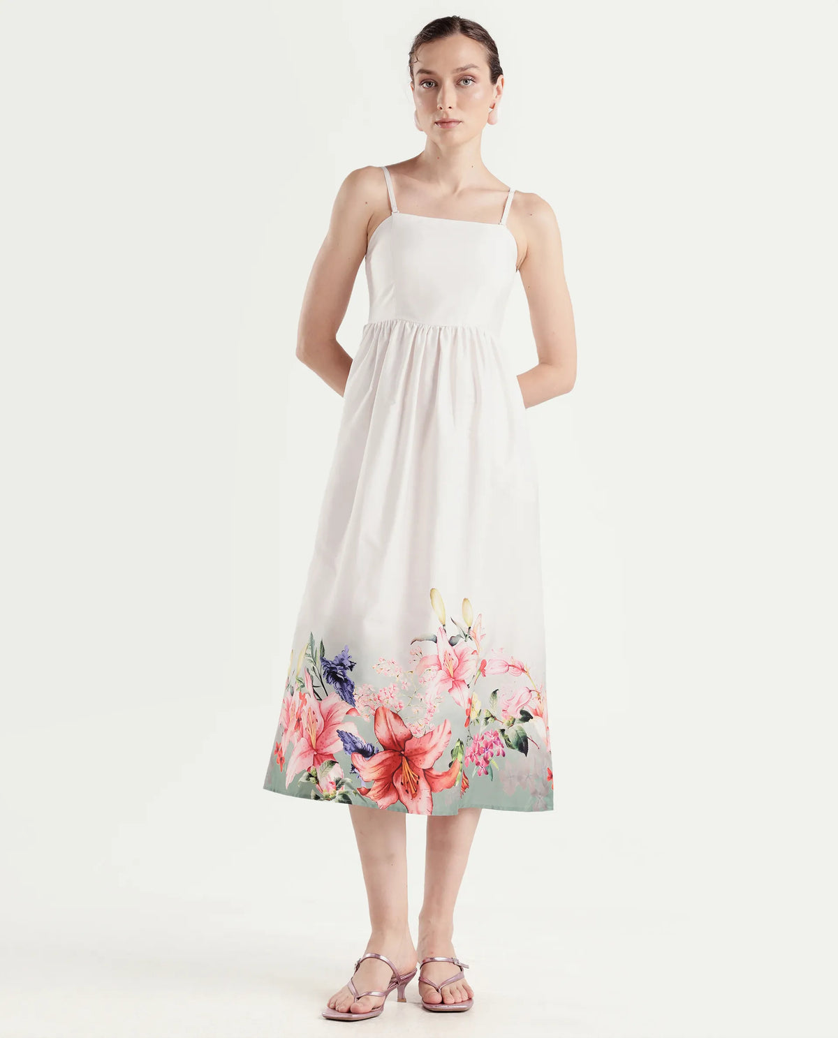 Rareism Women's Agate Off White Cotton Satin Sleeveless Fit And Flare Printed Dress