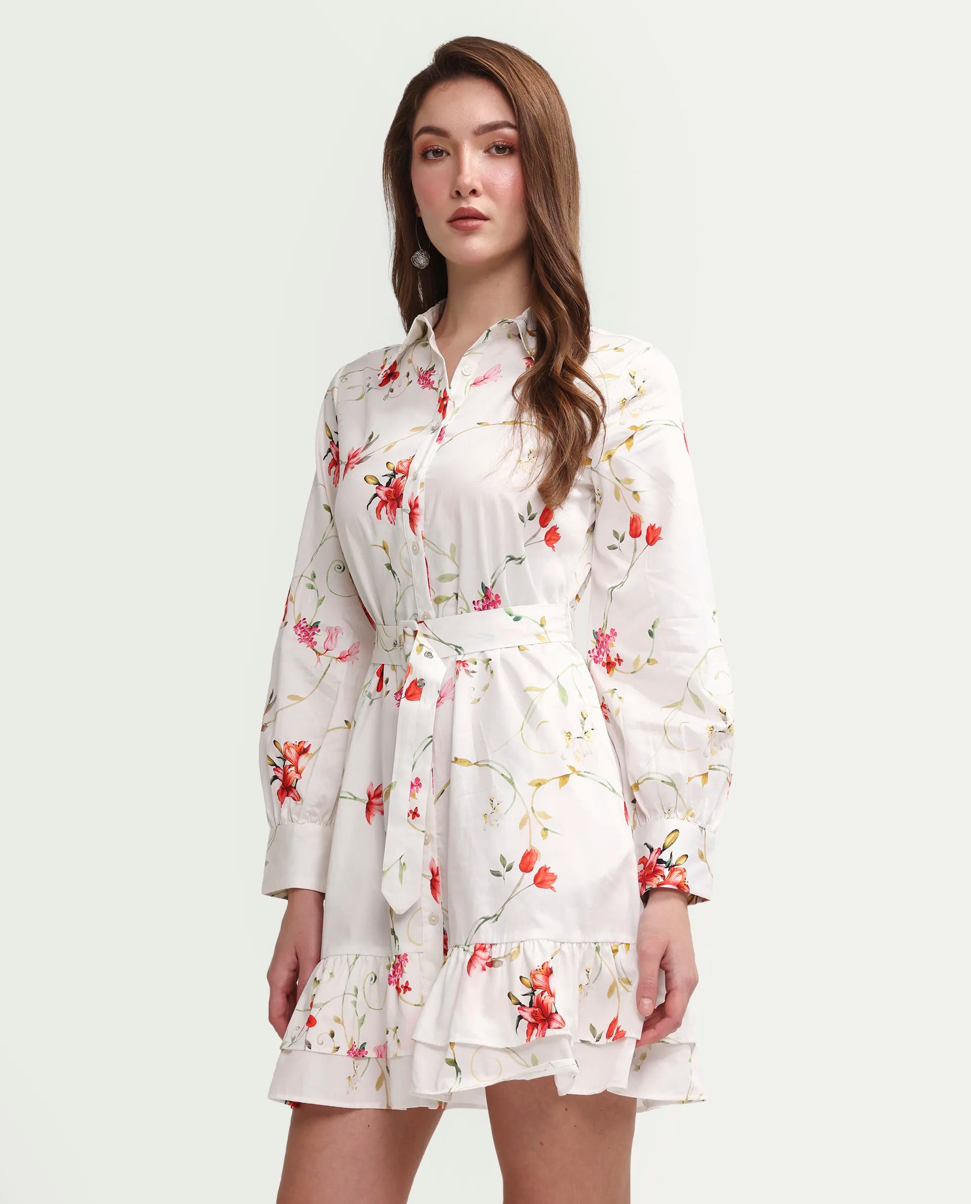 Rareism Women's Alitap Off White Cotton Full Sleeve Fit And Flare Floral Print Dress