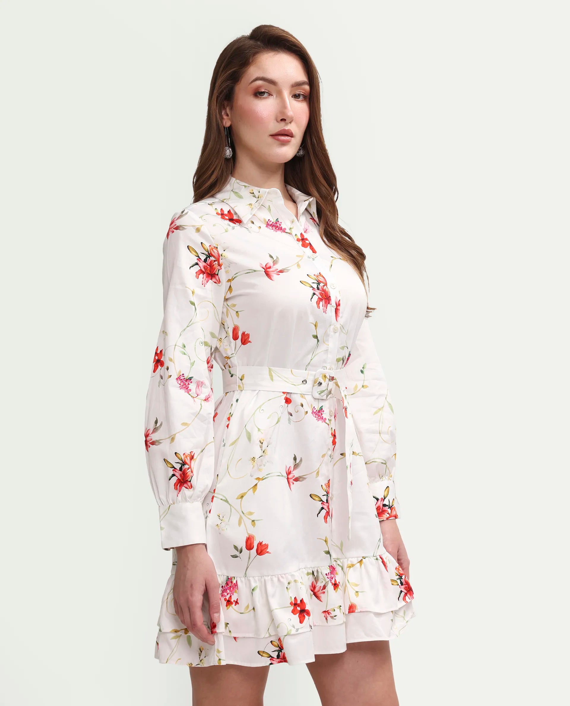 Rareism Women's Alitap Off White Cotton Full Sleeve Fit And Flare Floral Print Dress