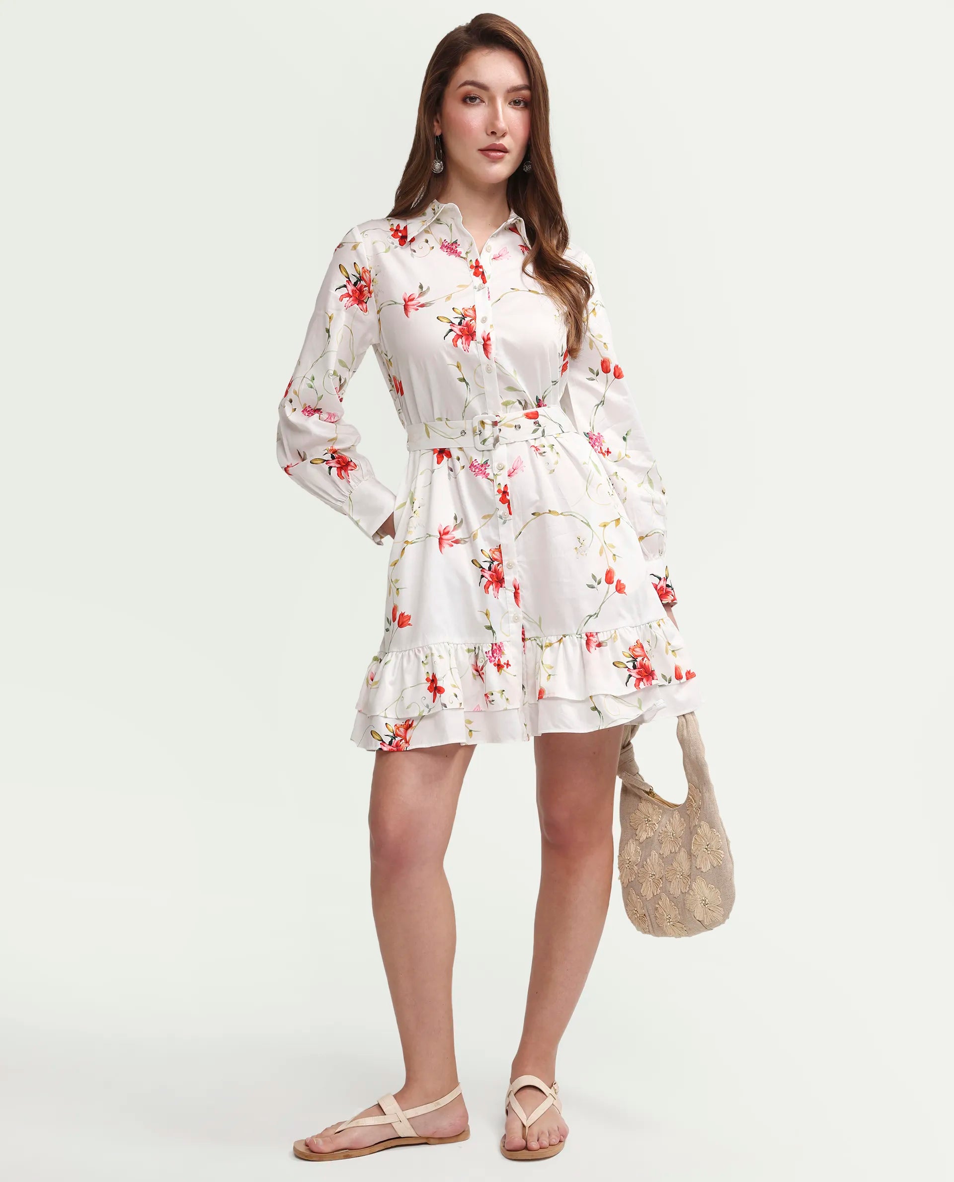 Rareism Women's Alitap Off White Cotton Full Sleeve Fit And Flare Floral Print Dress