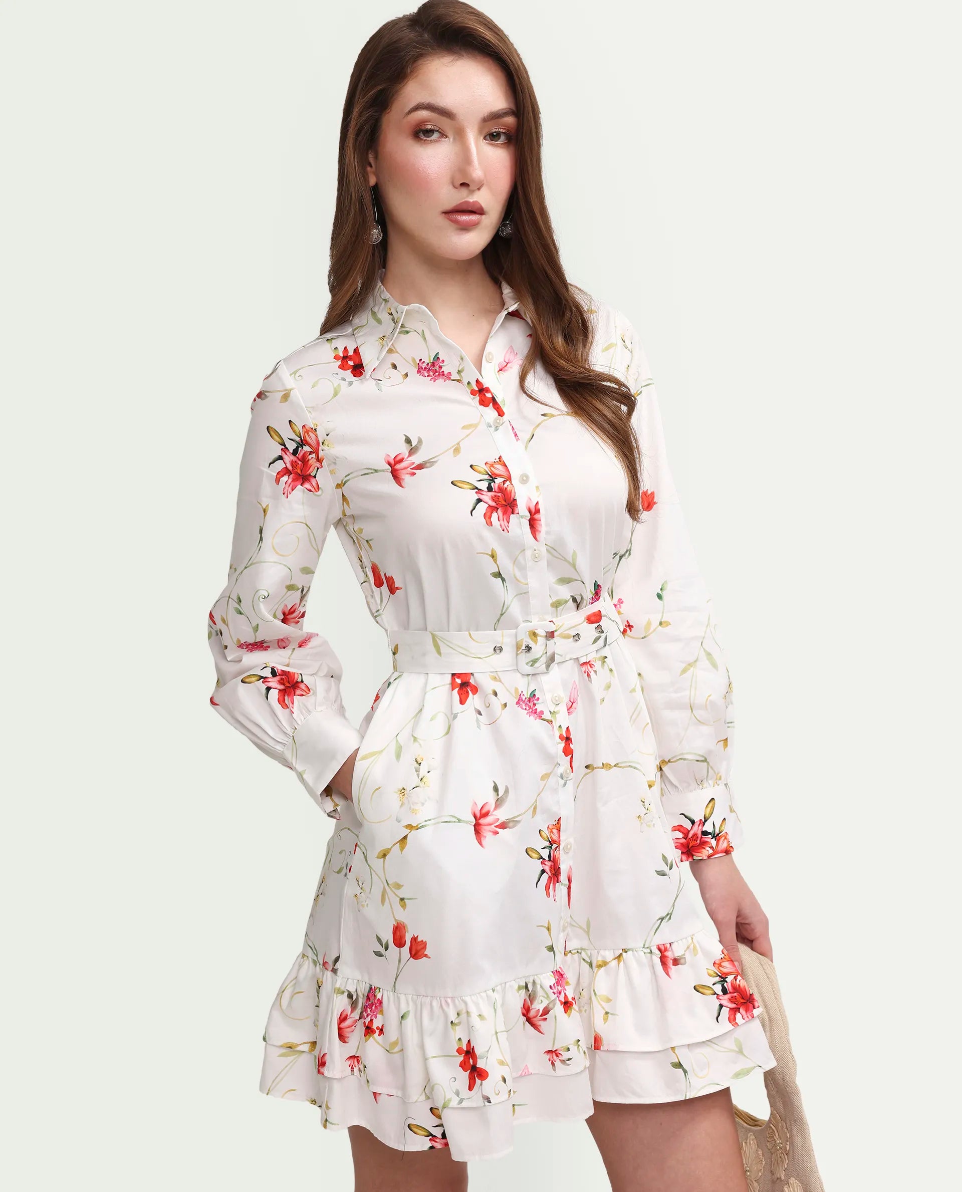 Rareism Women's Alitap Off White Cotton Full Sleeve Fit And Flare Floral Print Dress