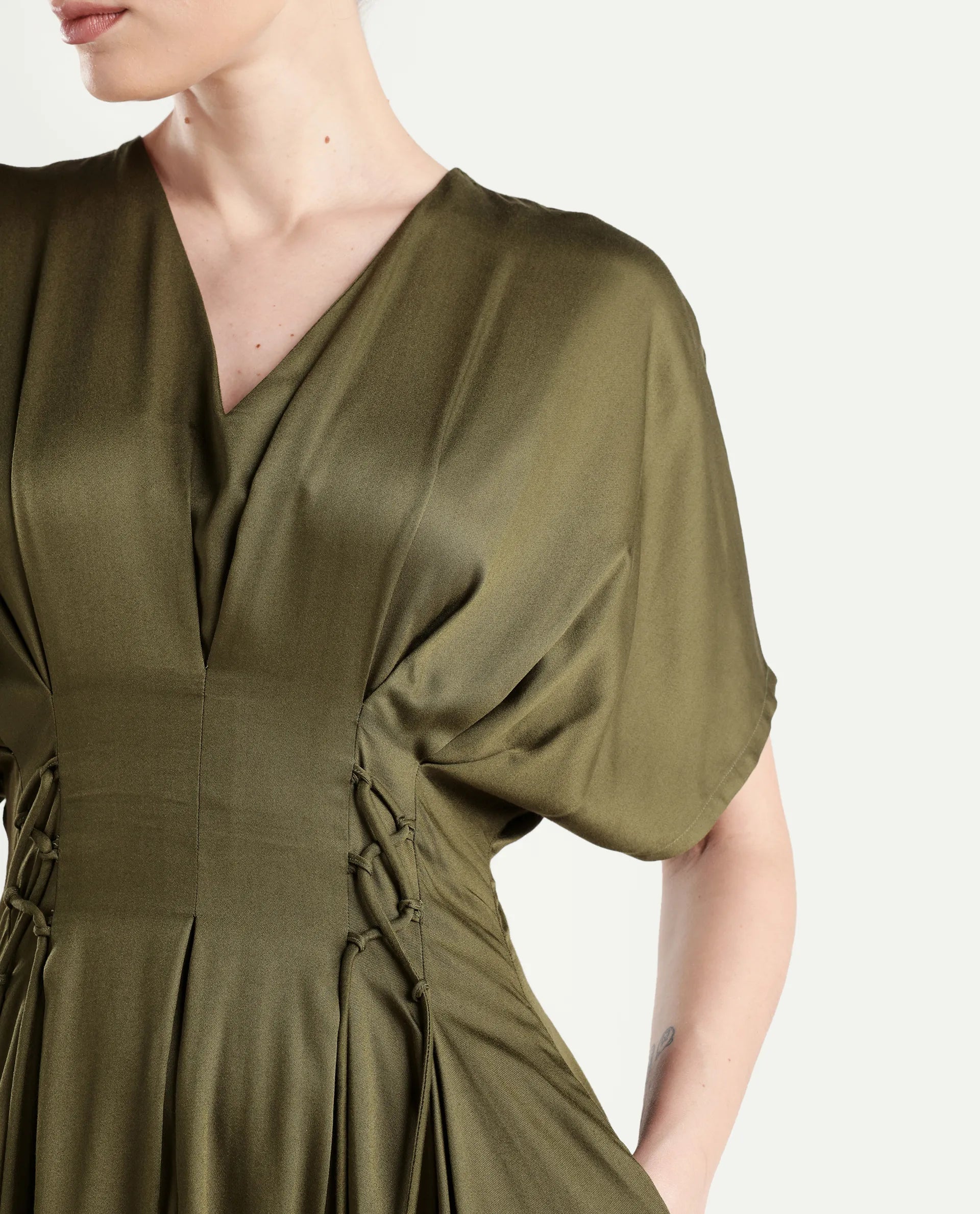 Rareism Women's Alves Olive Viscose Half Sleeve Fit And Flare Plain Dress