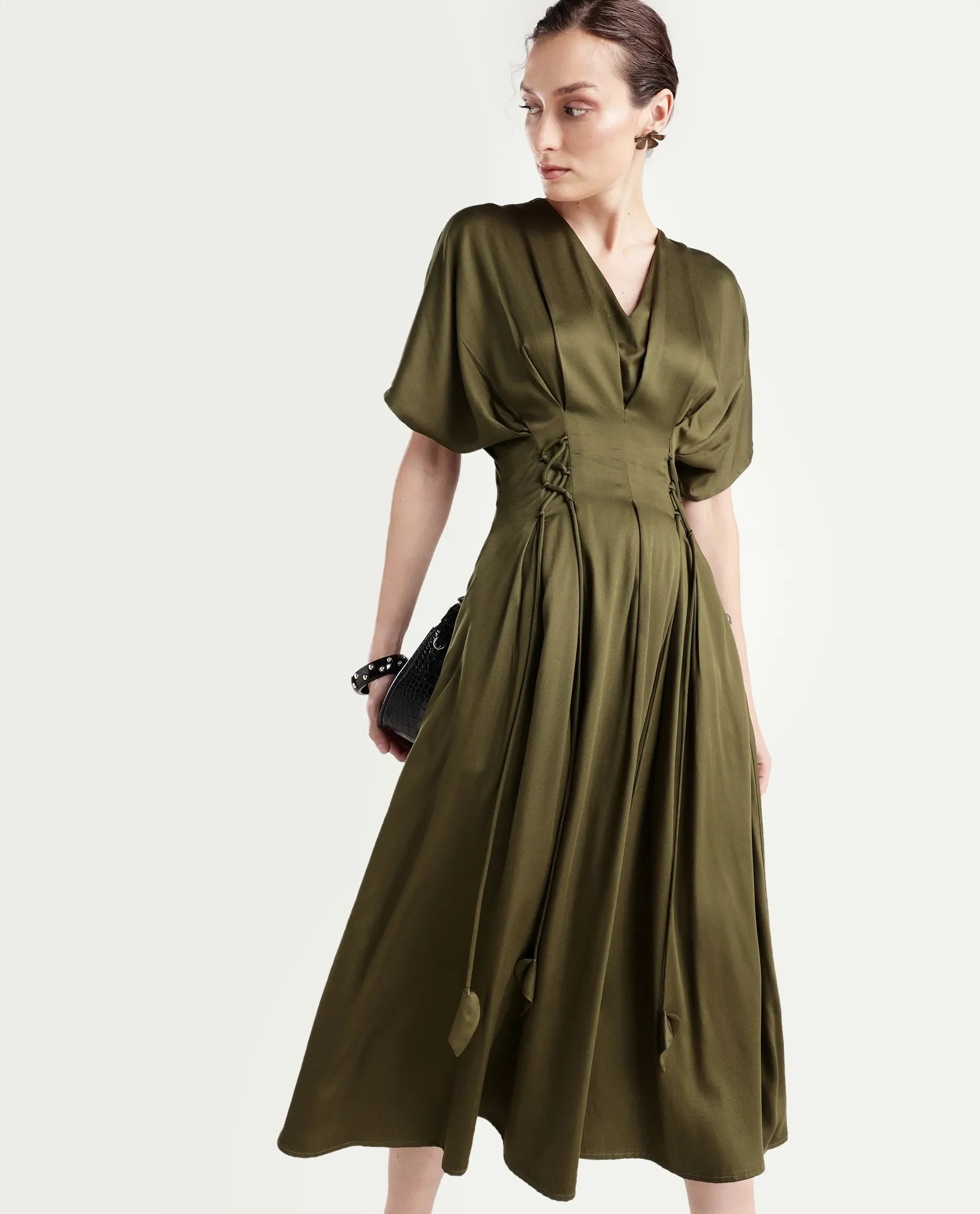 Rareism Women's Alves Olive Viscose Half Sleeve Fit And Flare Plain Dress