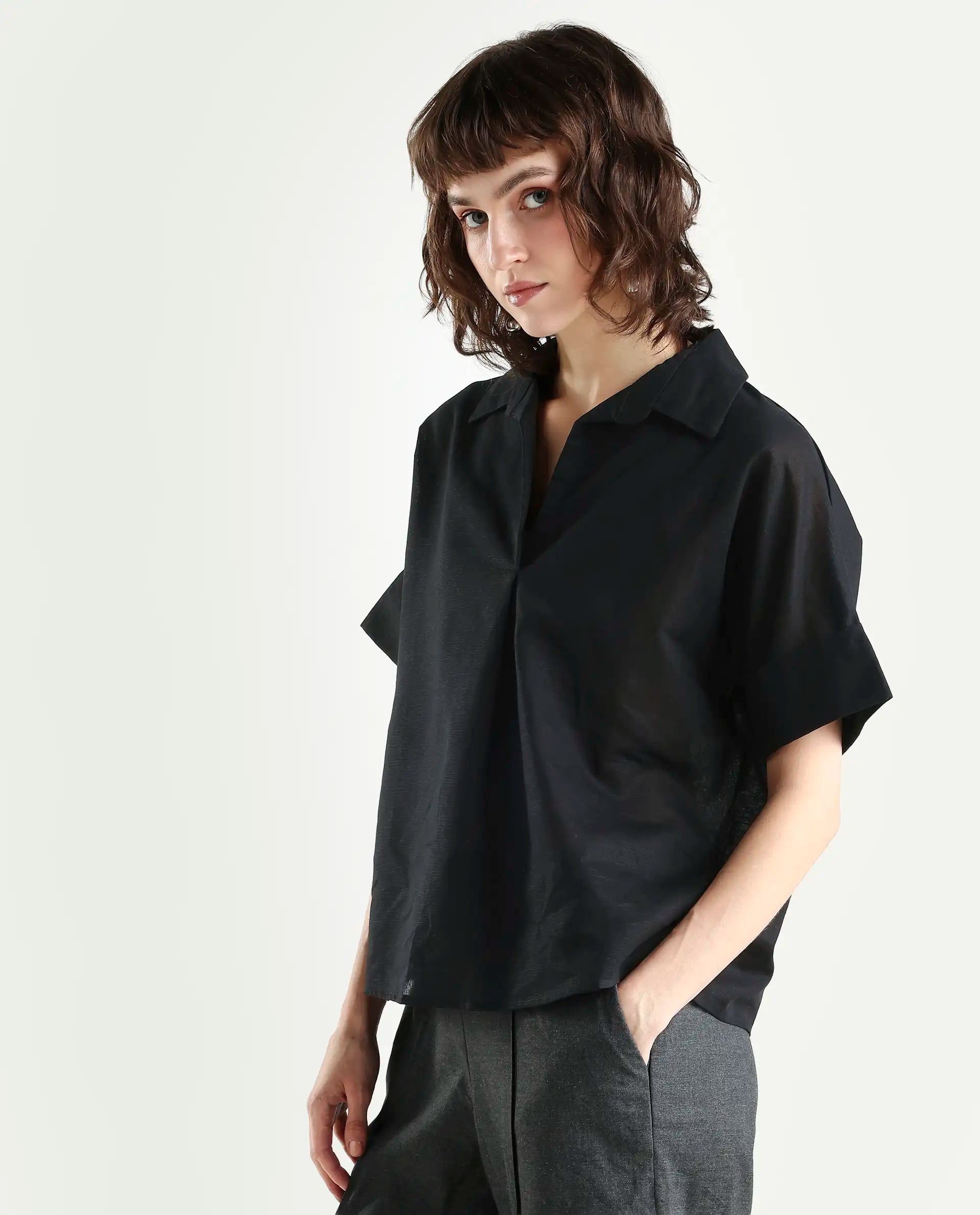 Rareism Women's Alzure Black Linen Blend Half Sleeve Jonny Collar Boxy Plain Top