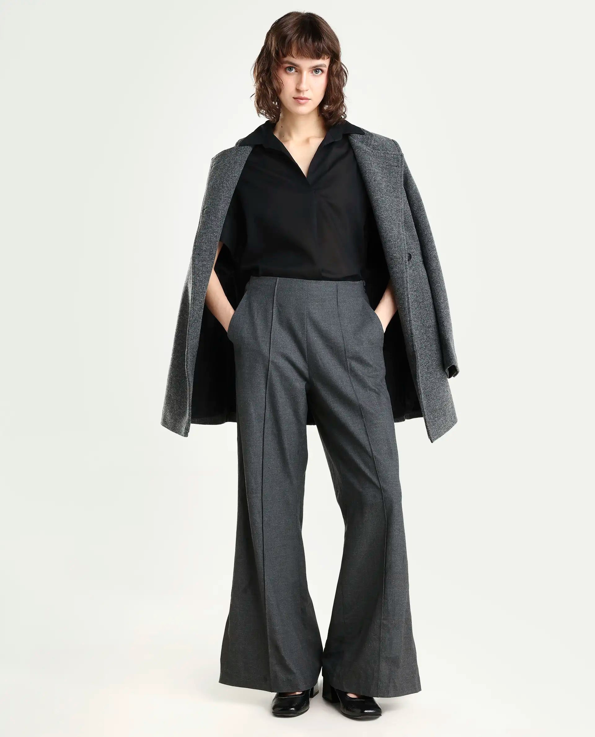 Rareism Women's Alzure Black Linen Blend Half Sleeve Jonny Collar Boxy Plain Top