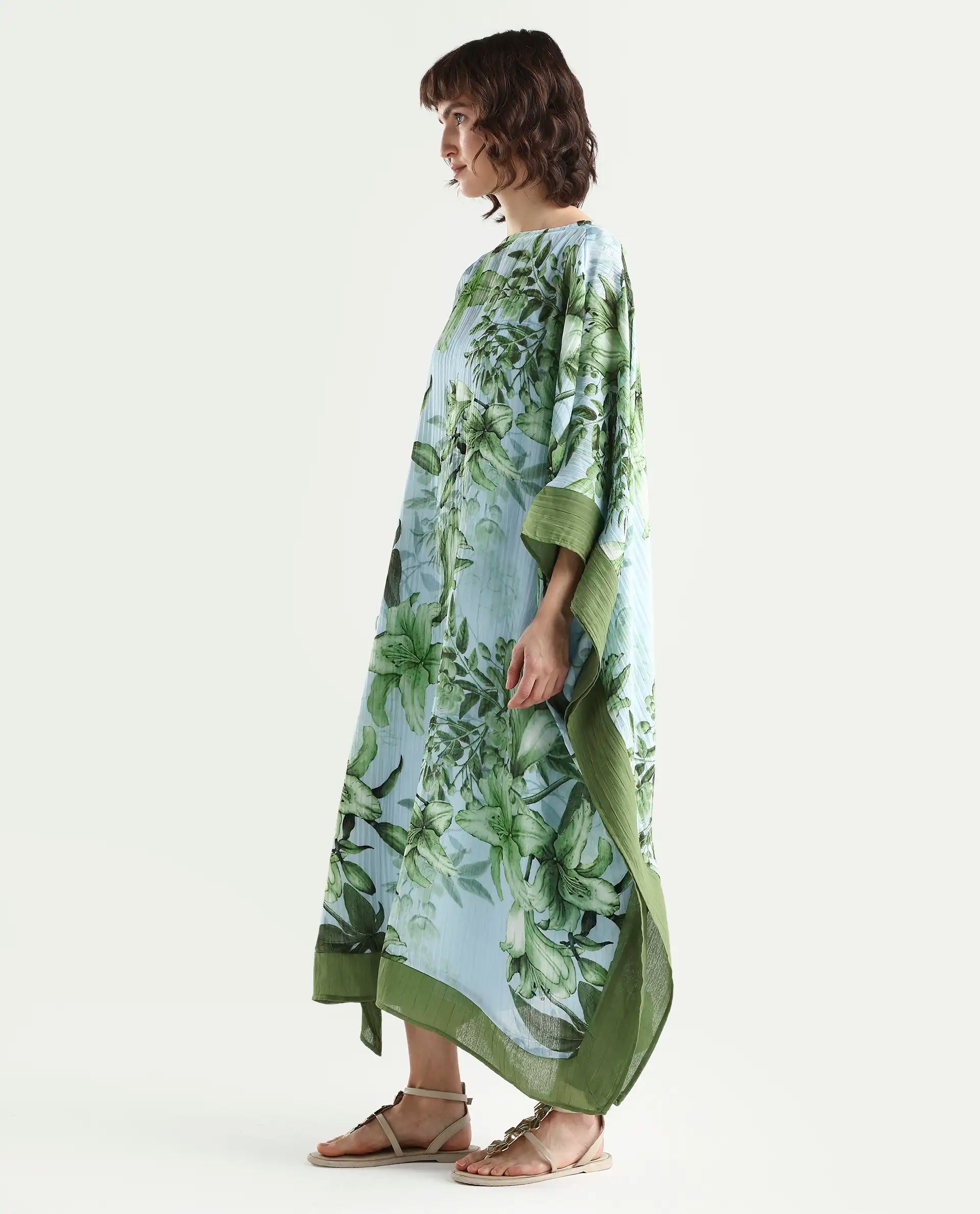 Rareism Women's Amat Light Blue Polyester Full Sleeve Kaftan Floral Print Dress