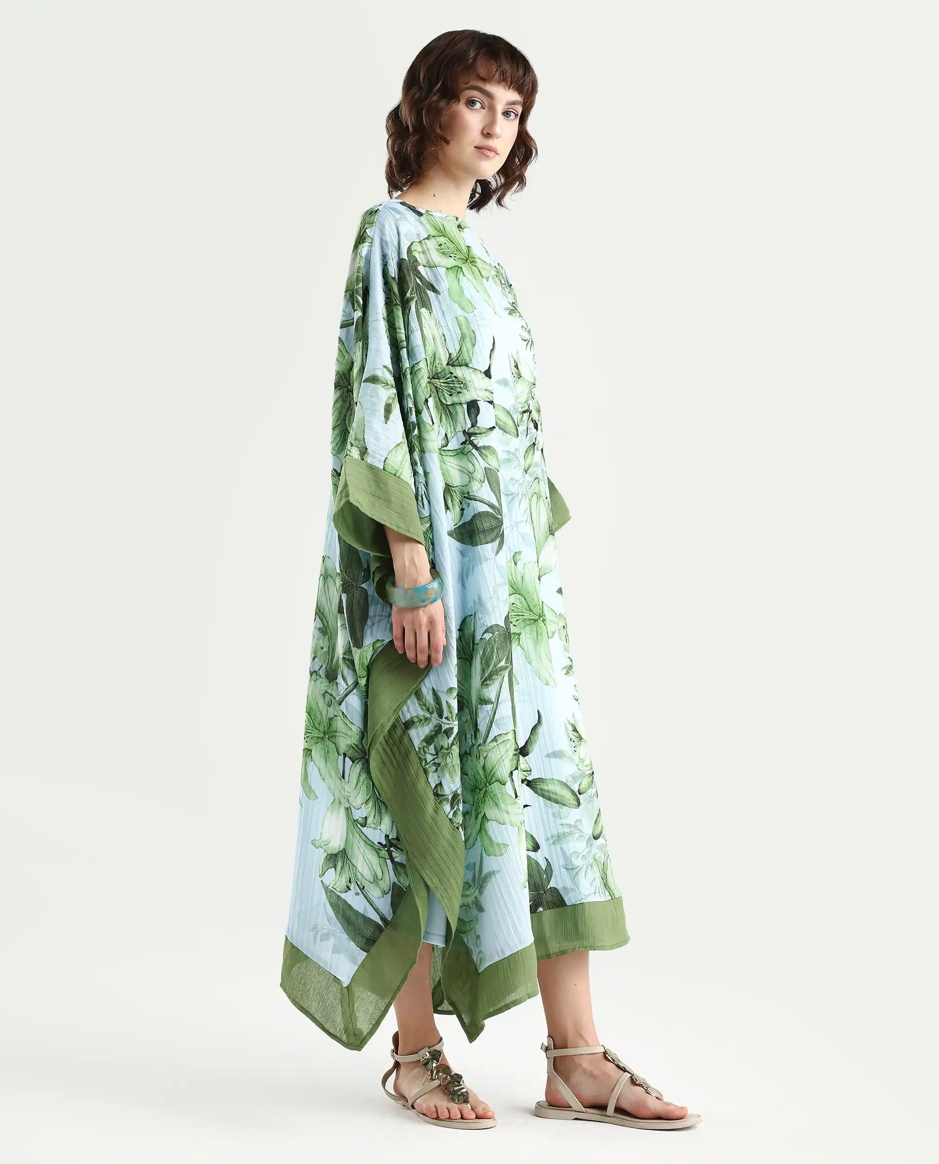 Rareism Women's Amat Light Blue Polyester Full Sleeve Kaftan Floral Print Dress