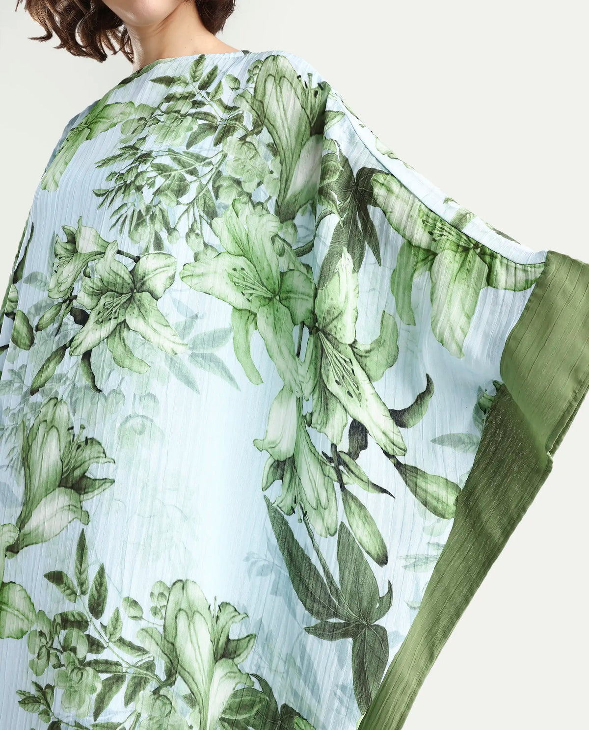 Rareism Women's Amat Light Blue Polyester Full Sleeve Kaftan Floral Print Dress