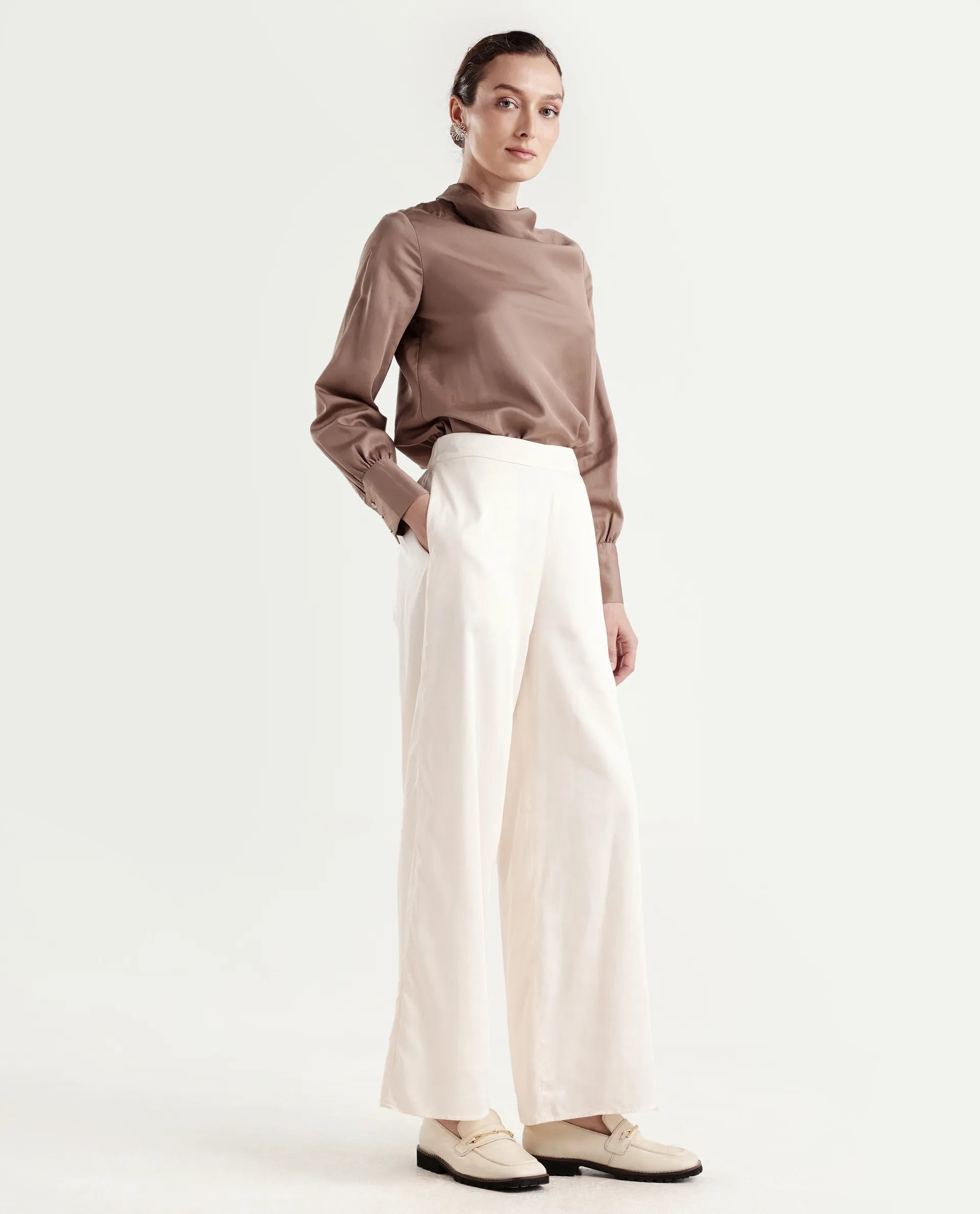 Rareism Women's Anina-B Beige Cotton Blend Flared Plain Trouser