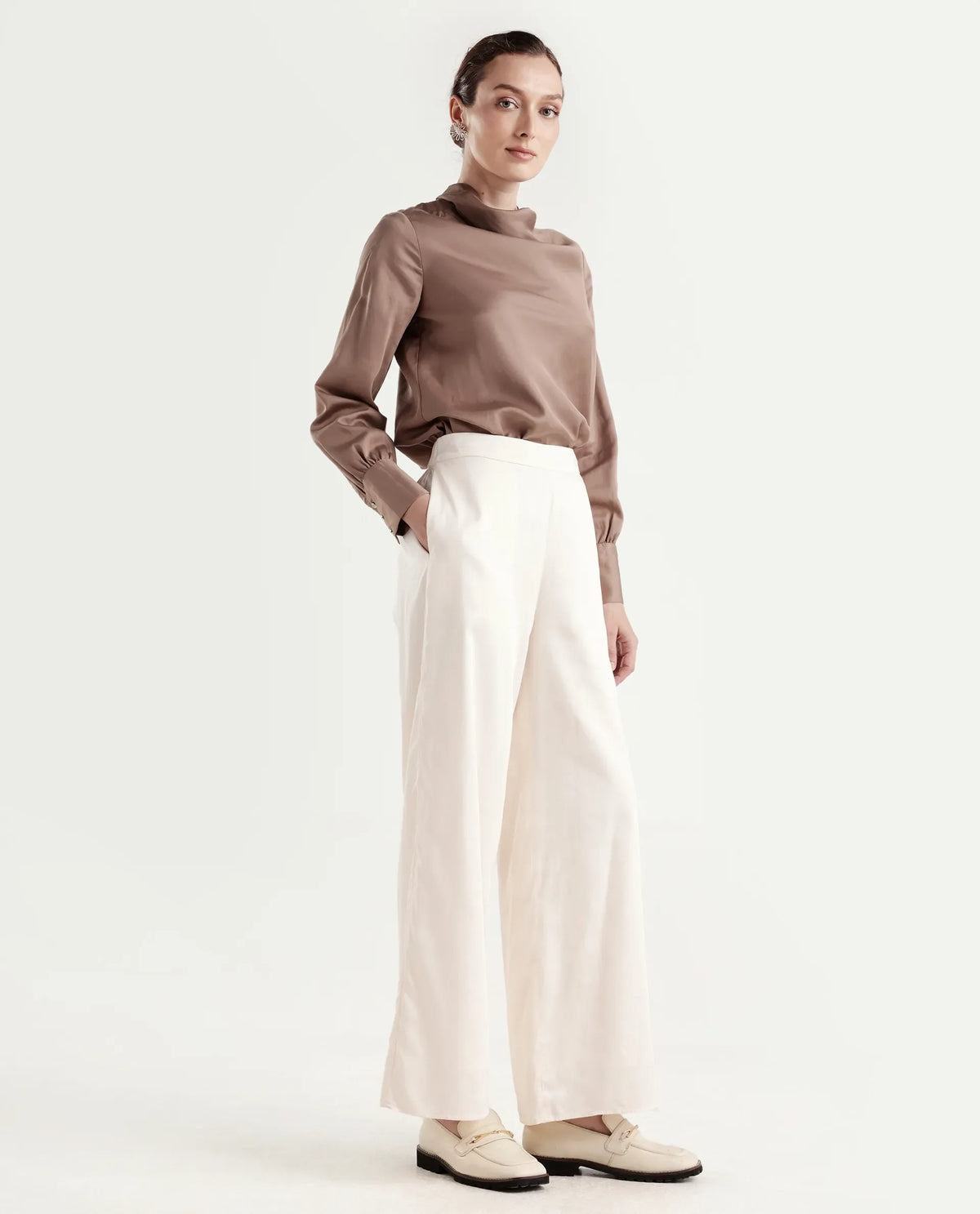 Rareism Women's Anina-B Beige Cotton Blend Flared Plain Trouser
