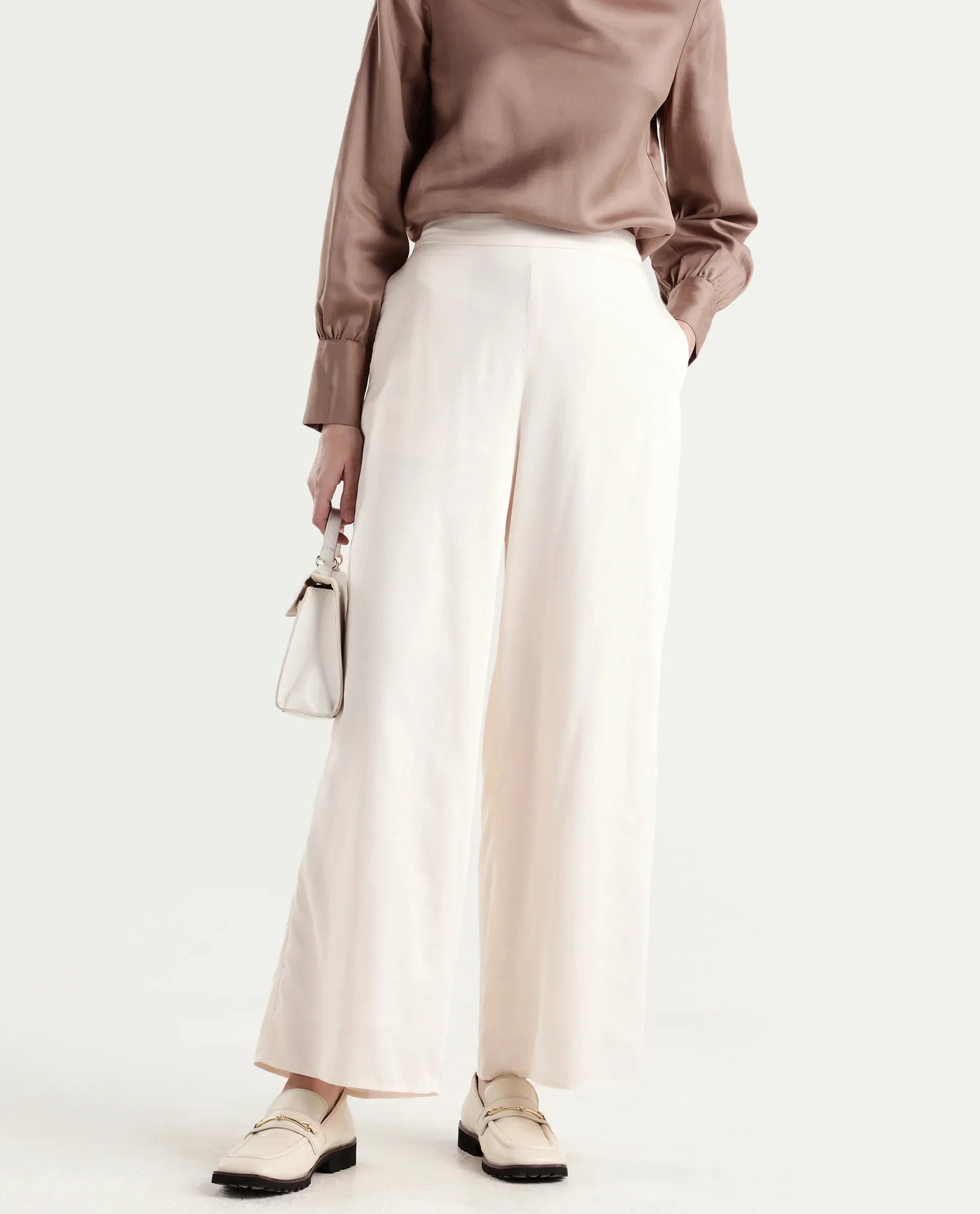 Rareism Women's Anina-B Beige Cotton Blend Flared Plain Trouser