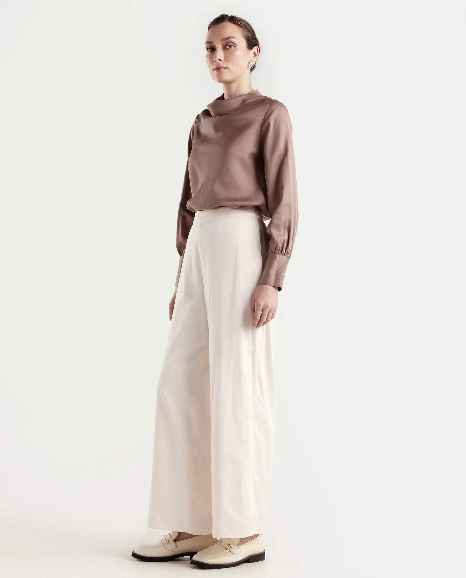 Rareism Women's Anina-B Beige Cotton Blend Flared Plain Trouser