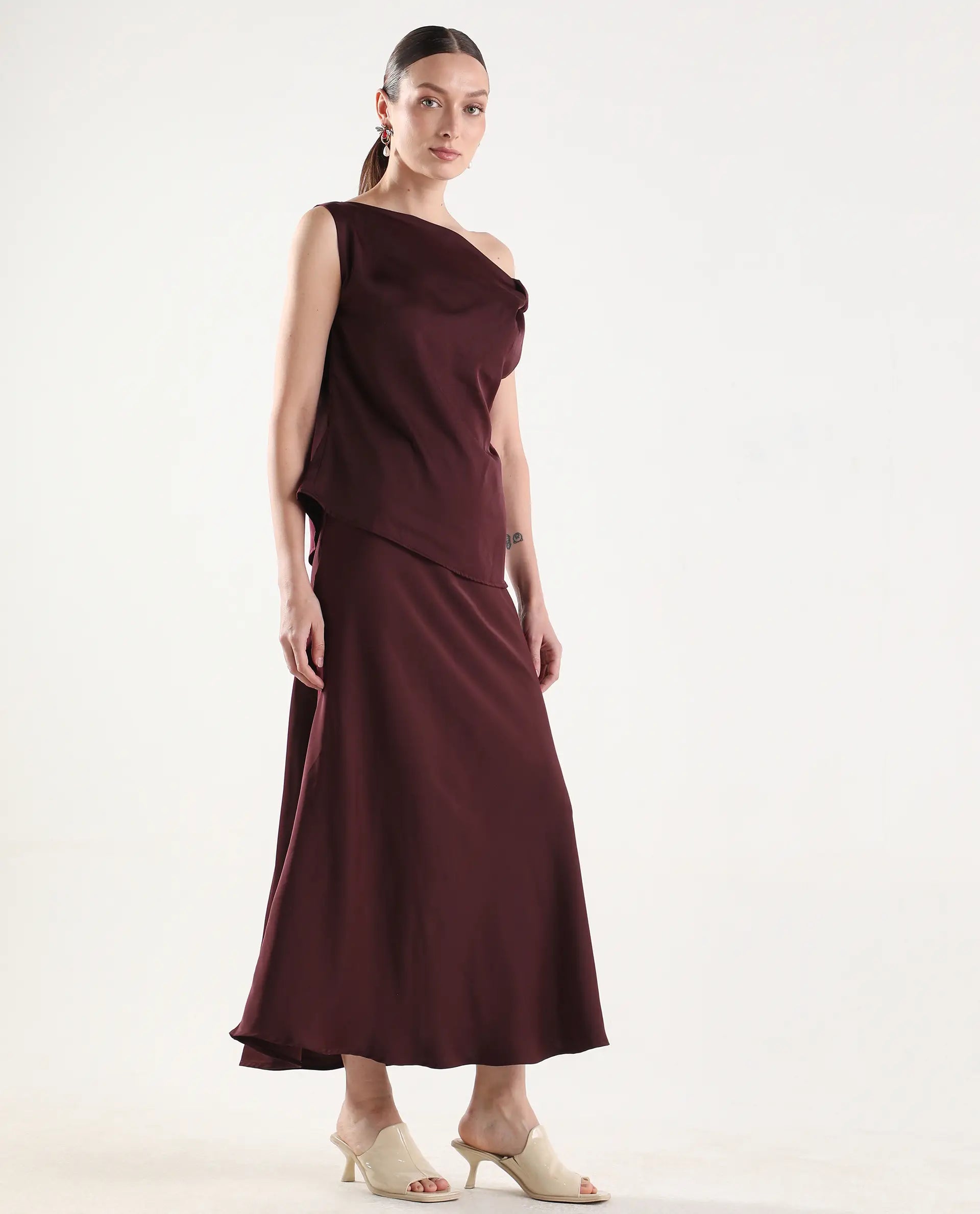 Rareism Women's Aoron-B Maroon Polyester A-Line Plain Skirt