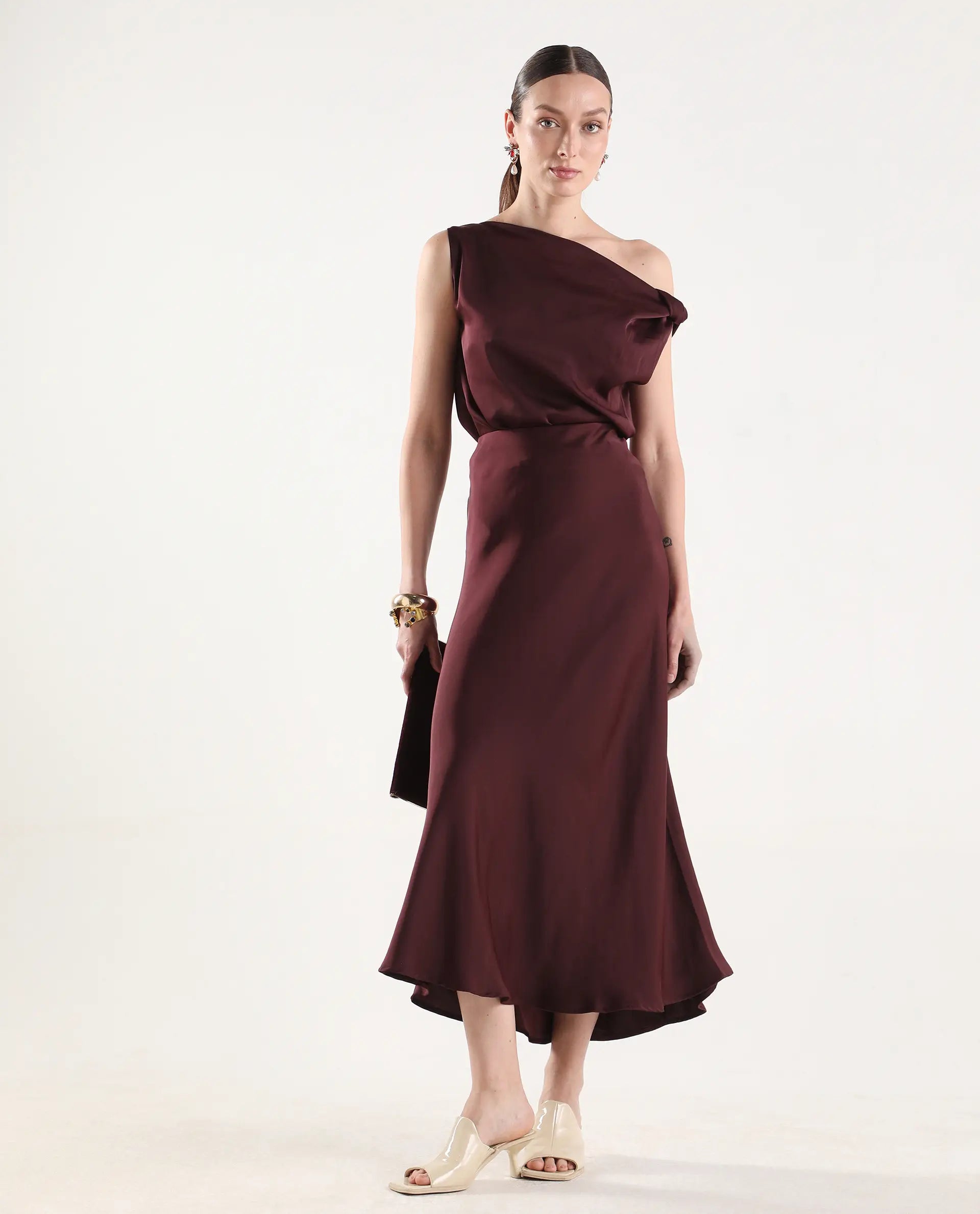 Rareism Women's Aoron-B Maroon Polyester A-Line Plain Skirt