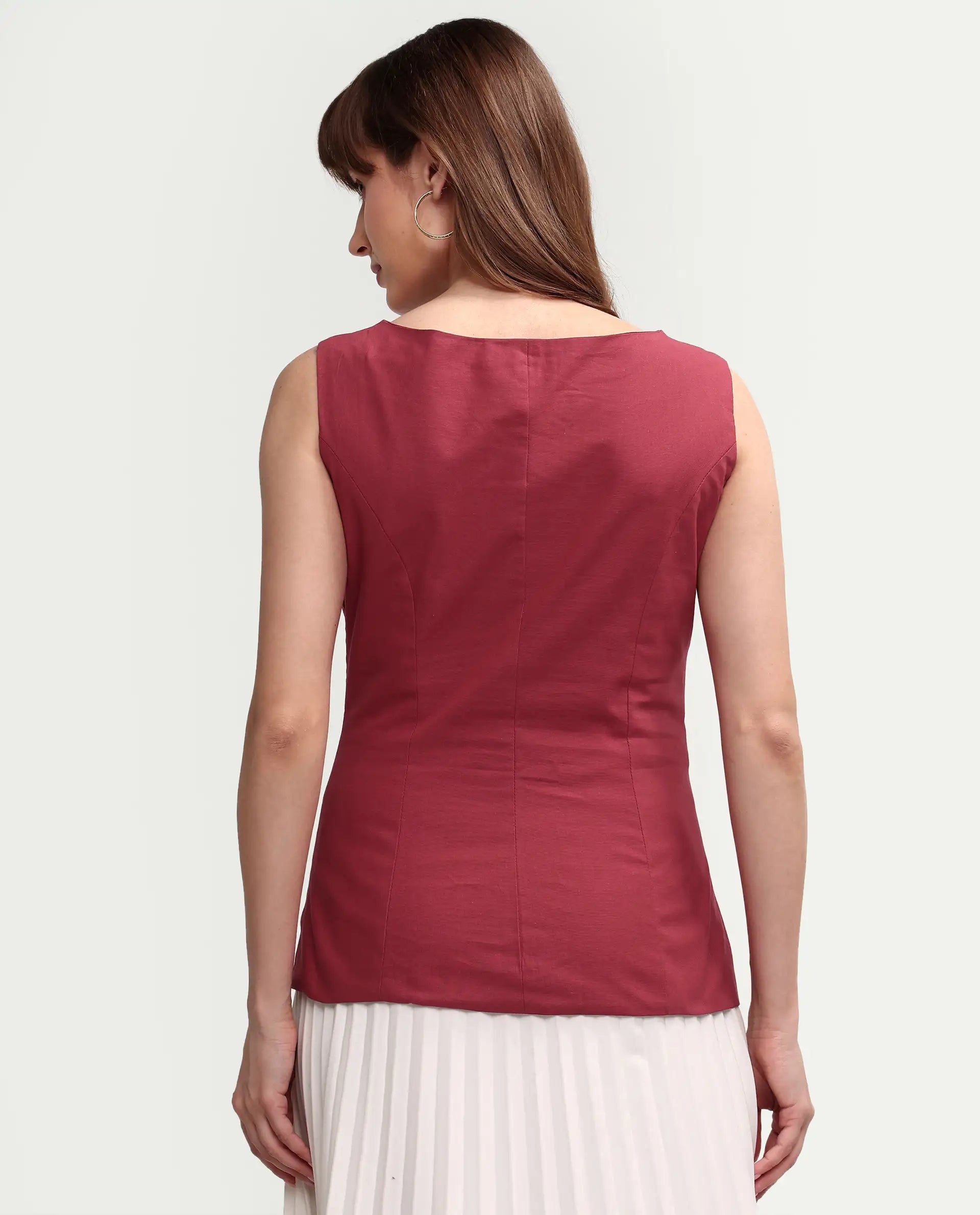 Rareism Women's Apin-T Dusky Red Cotton Sleeveless Regular Fit Plain Top