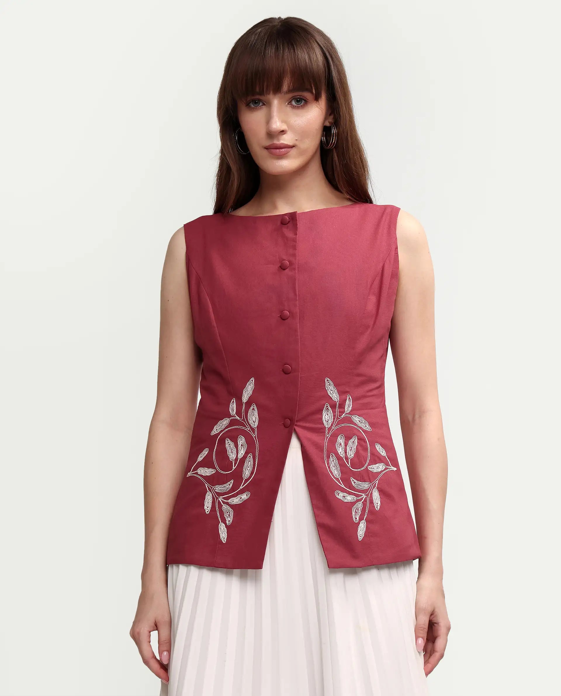 Rareism Women's Apin-T Dusky Red Cotton Sleeveless Regular Fit Plain Top