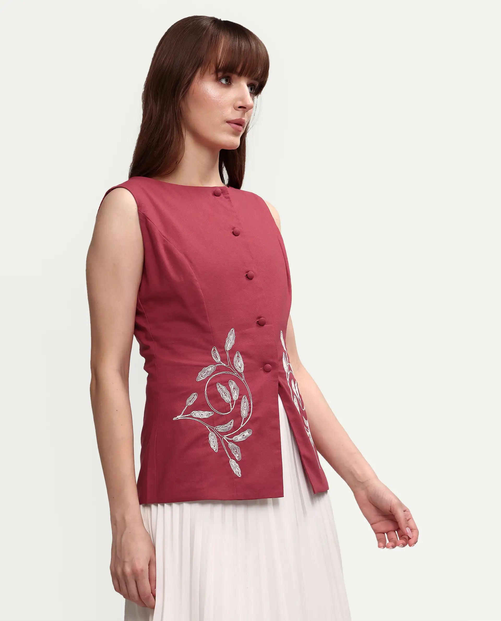 Rareism Women's Apin-T Dusky Red Cotton Sleeveless Regular Fit Plain Top