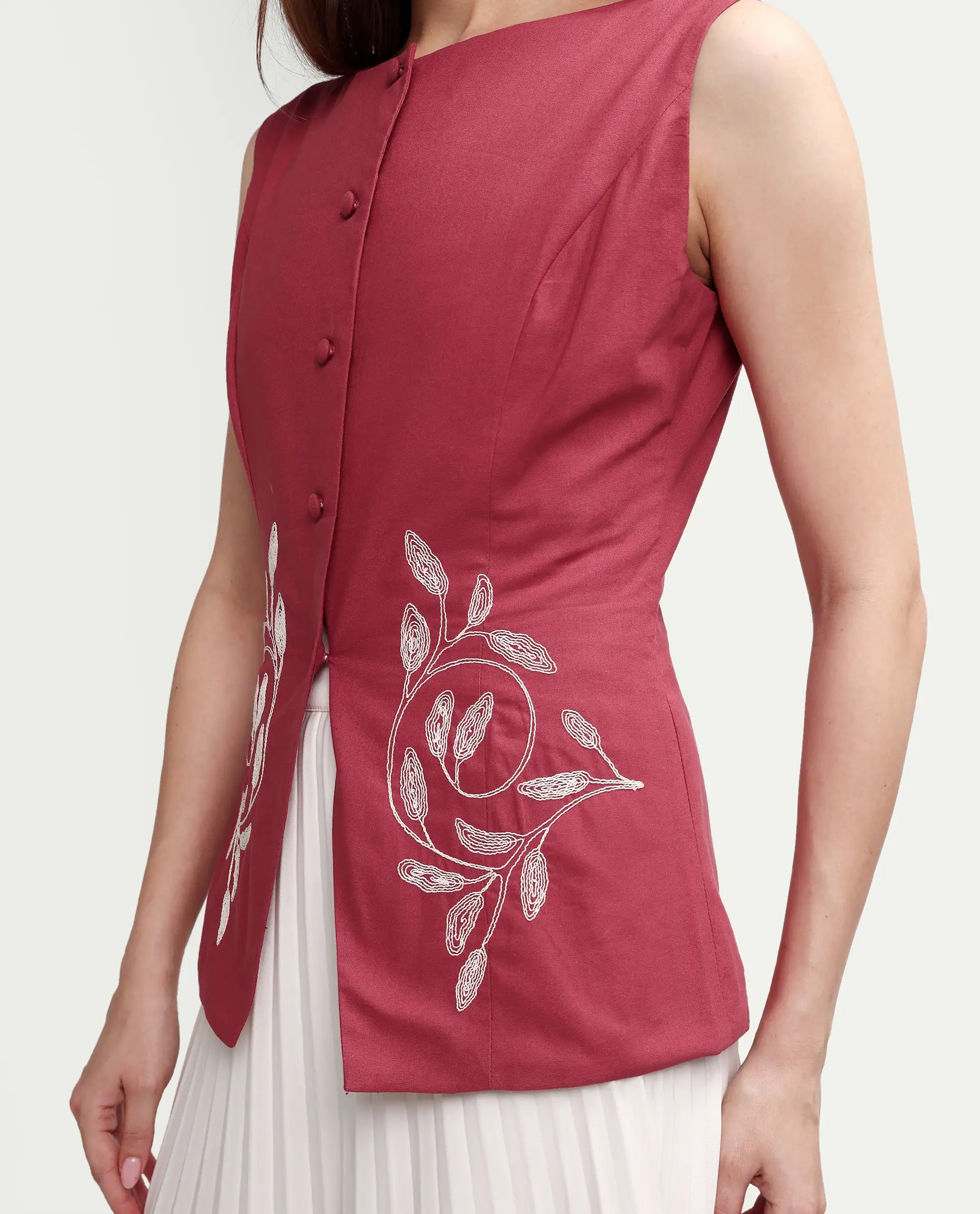 Rareism Women's Apin-T Dusky Red Cotton Sleeveless Regular Fit Plain Top