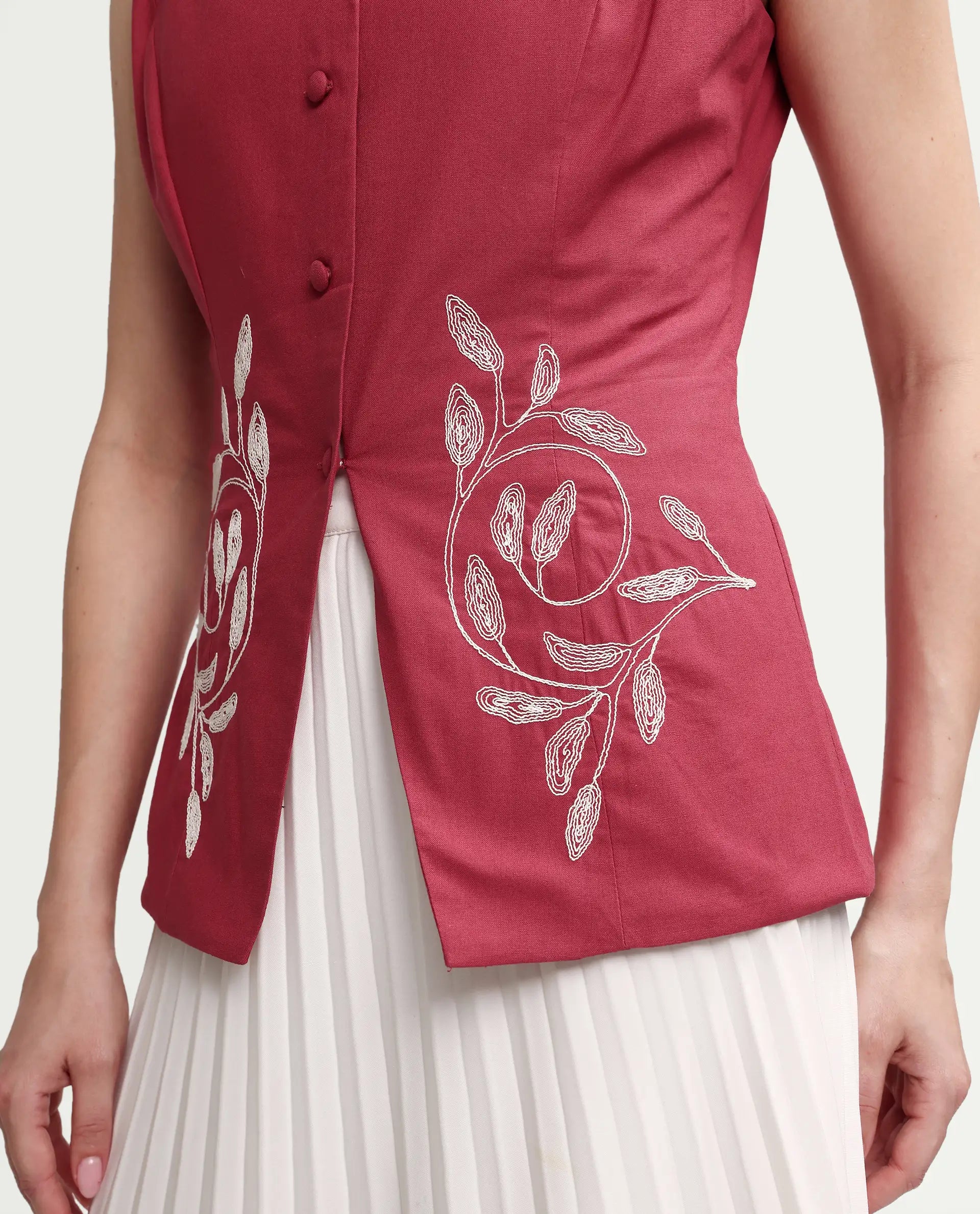 Rareism Women's Apin-T Dusky Red Cotton Sleeveless Regular Fit Plain Top