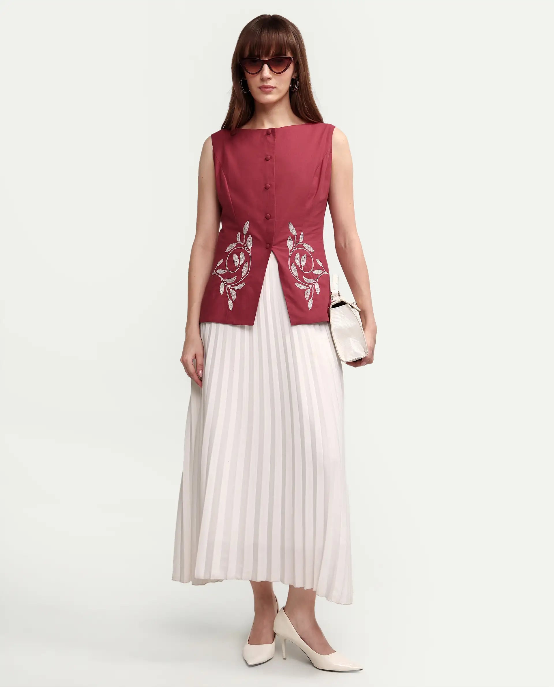 Rareism Women's Apin-T Dusky Red Cotton Sleeveless Regular Fit Plain Top