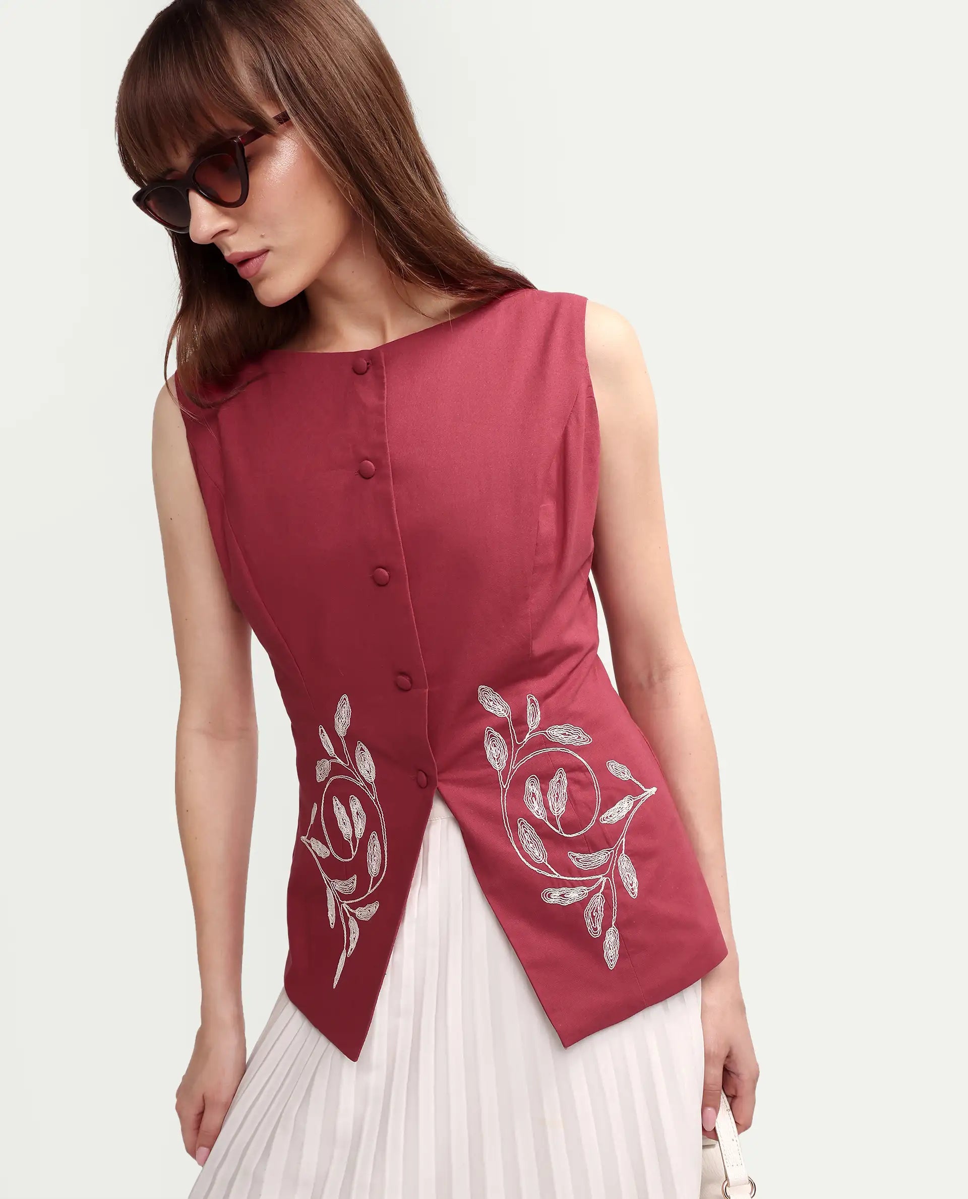 Rareism Women's Apin-T Dusky Red Cotton Sleeveless Regular Fit Plain Top