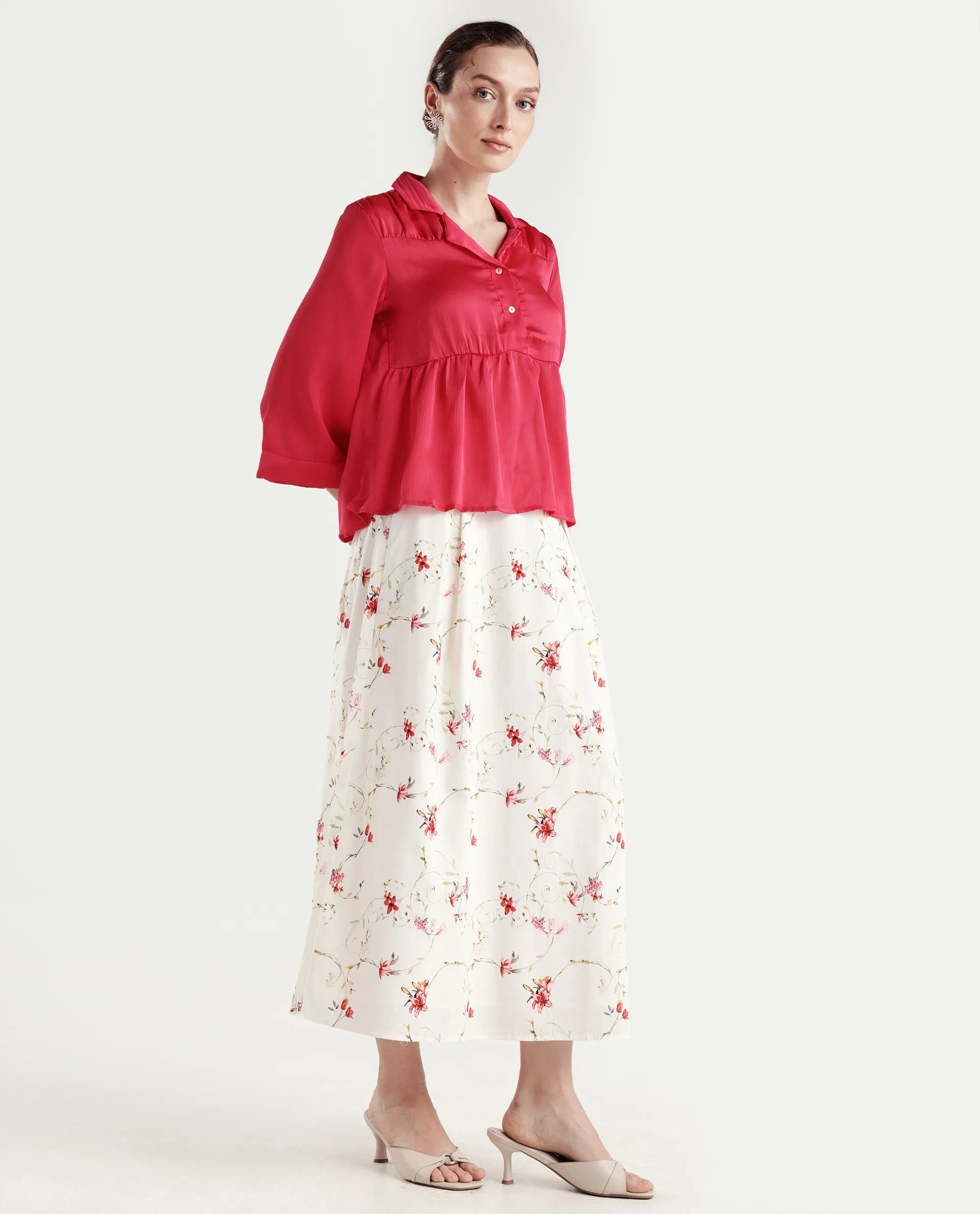 Rareism Women's Aroy-B Off White Cotton A-Line Floral Print Skirt