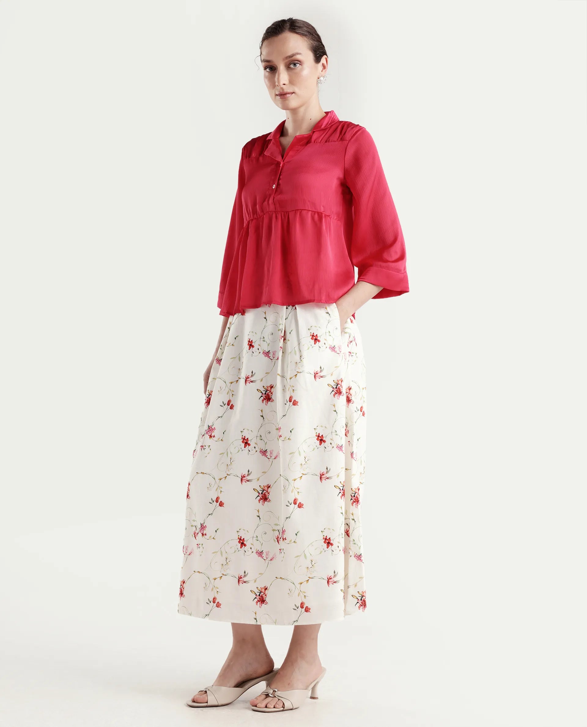 Rareism Women's Aroy-B Off White Cotton A-Line Floral Print Skirt