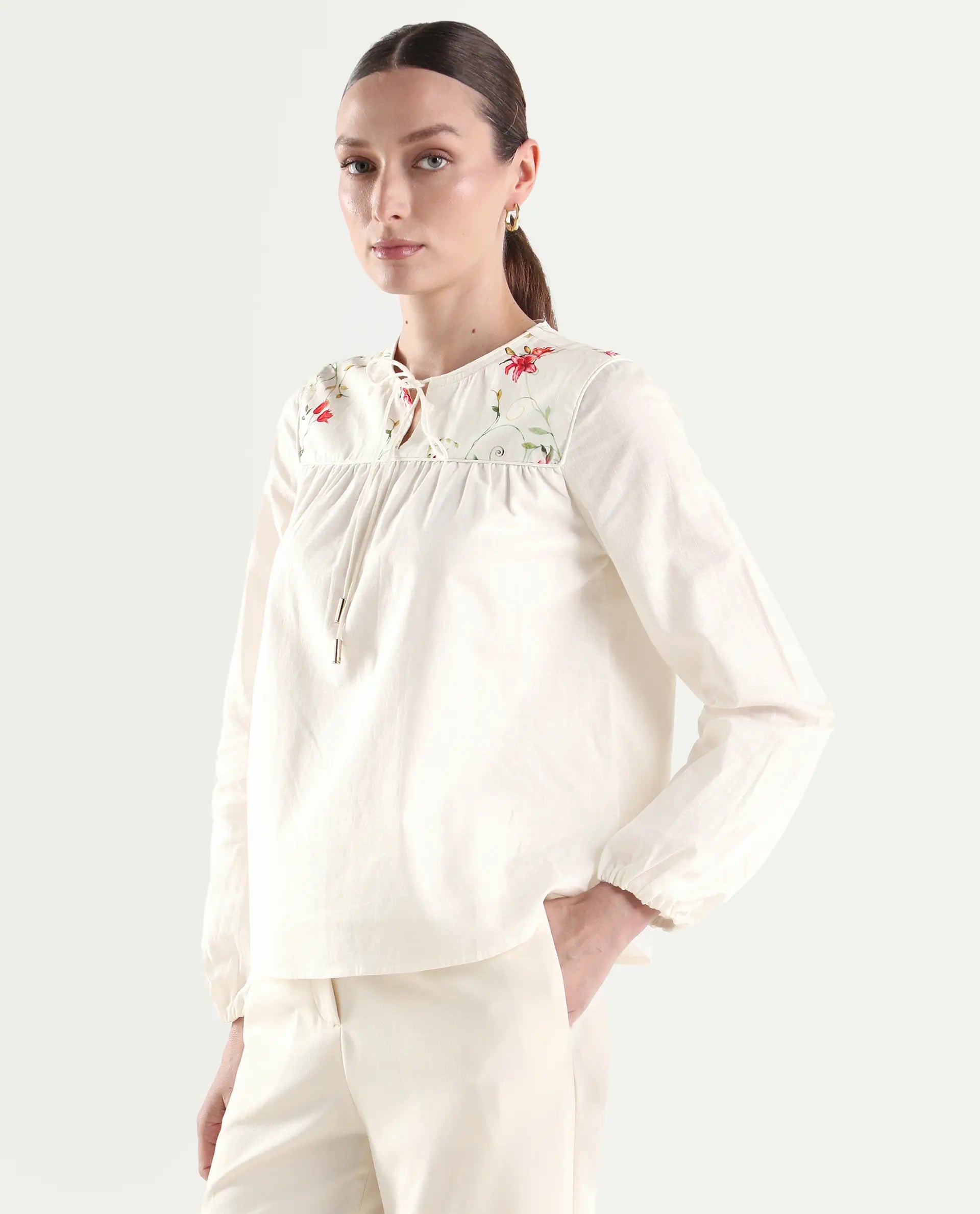 Rareism Women's Aroy-T Off White Cotton Full Sleeve Boxy Printed Top