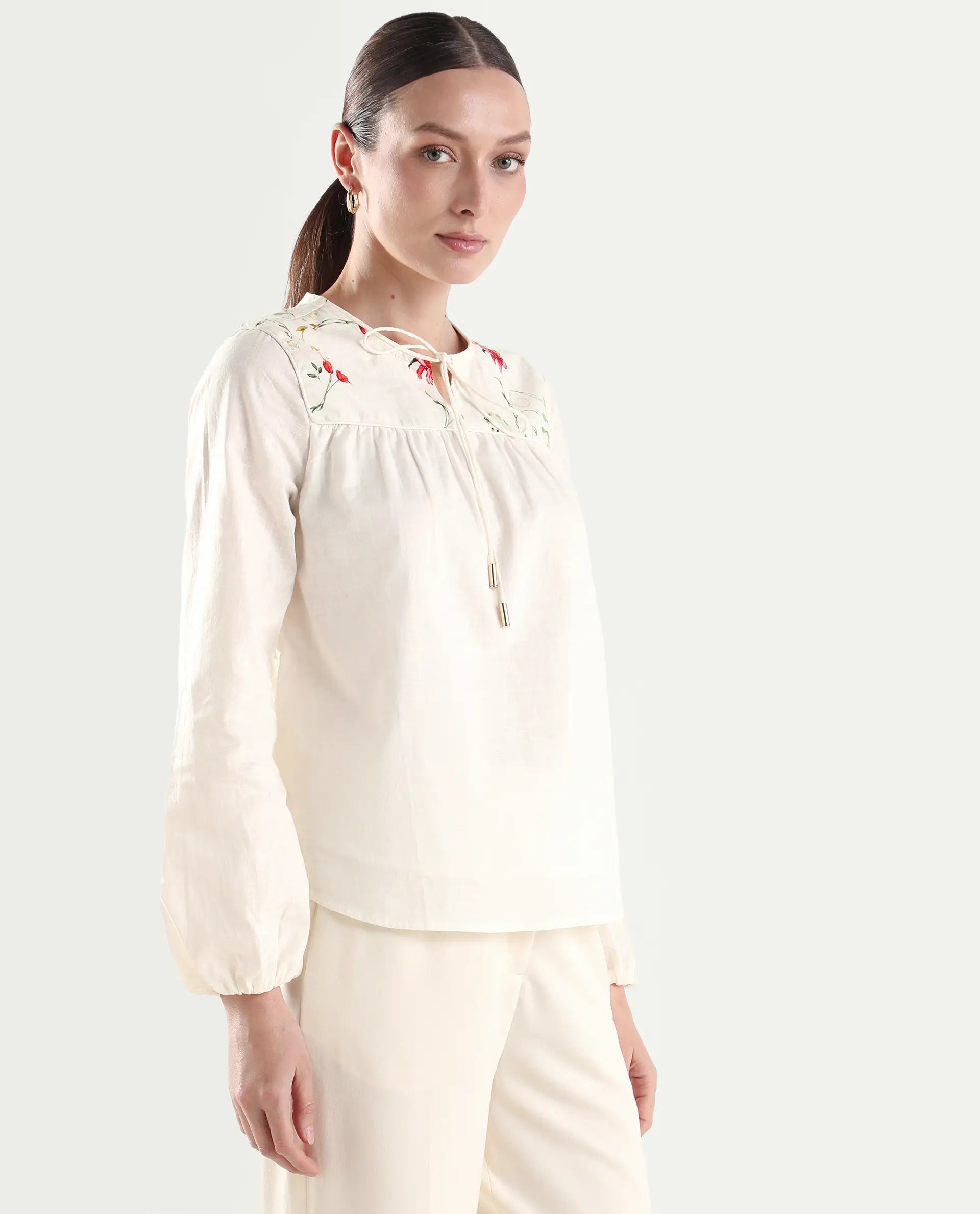 Rareism Women's Aroy-T Off White Cotton Full Sleeve Boxy Printed Top