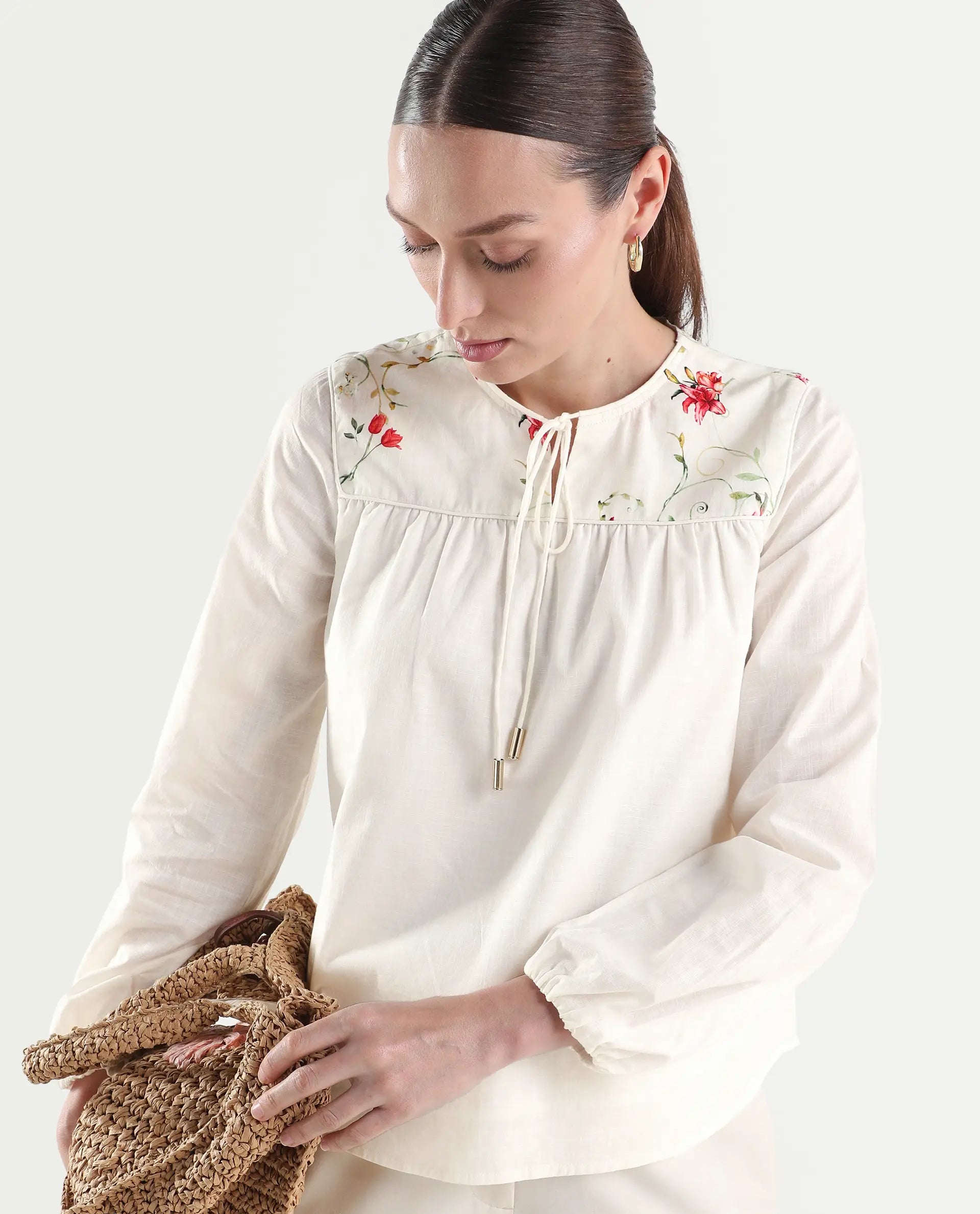 Rareism Women's Aroy-T Off White Cotton Full Sleeve Boxy Printed Top