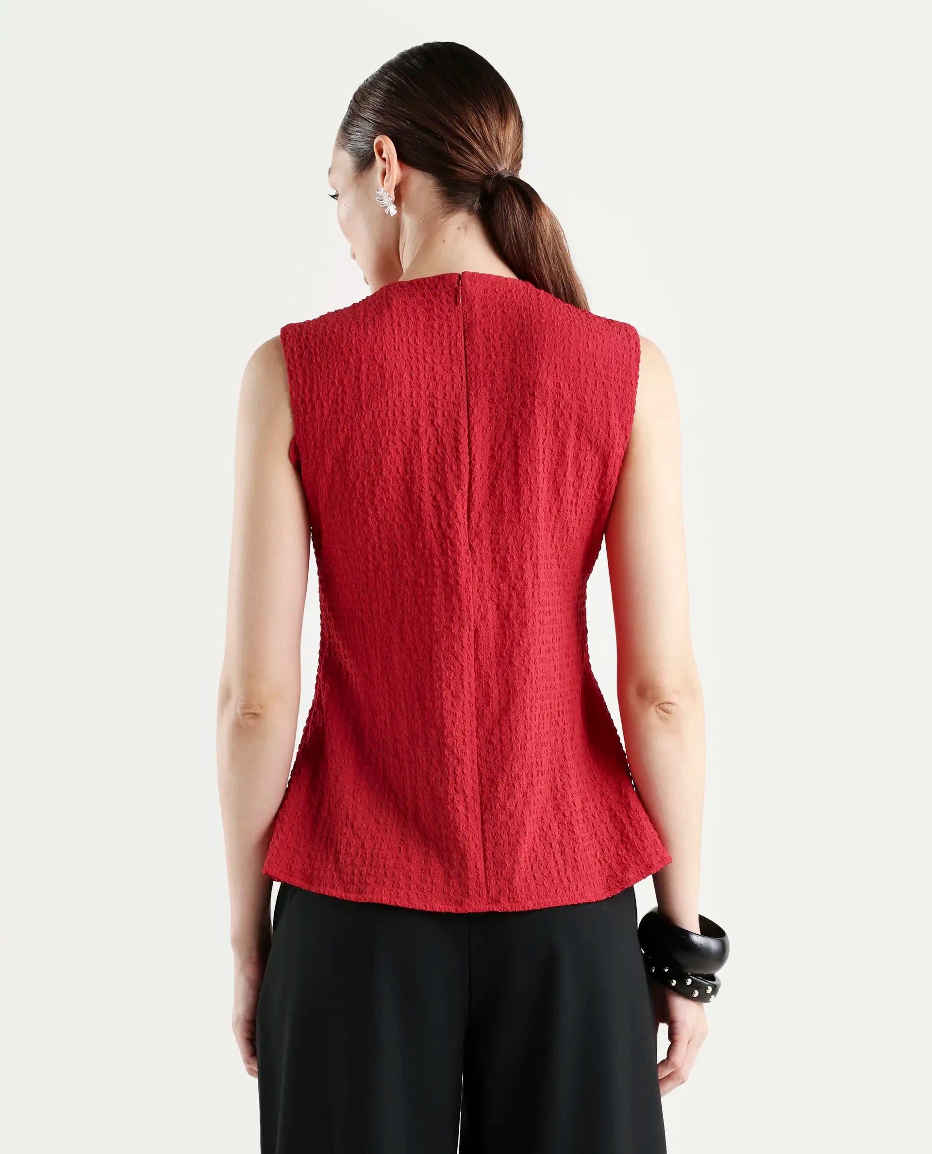 Rareism Women's Arrix Red Polyester Sleeveless Regular Fit Plain Top