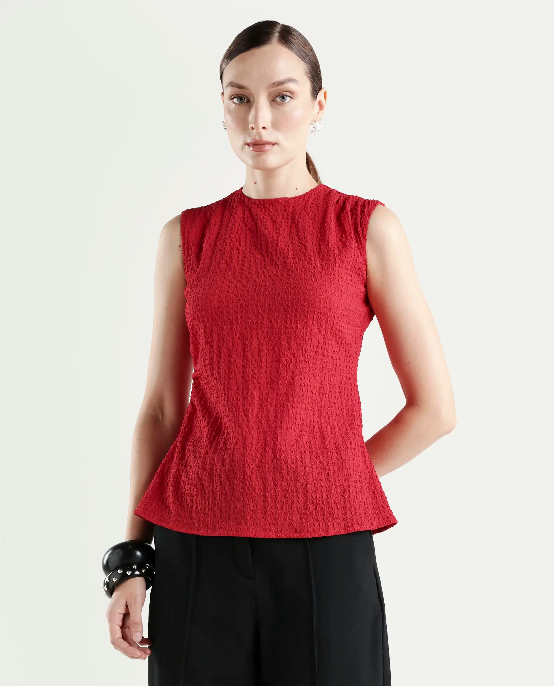 Rareism Women's Arrix Red Polyester Sleeveless Regular Fit Plain Top