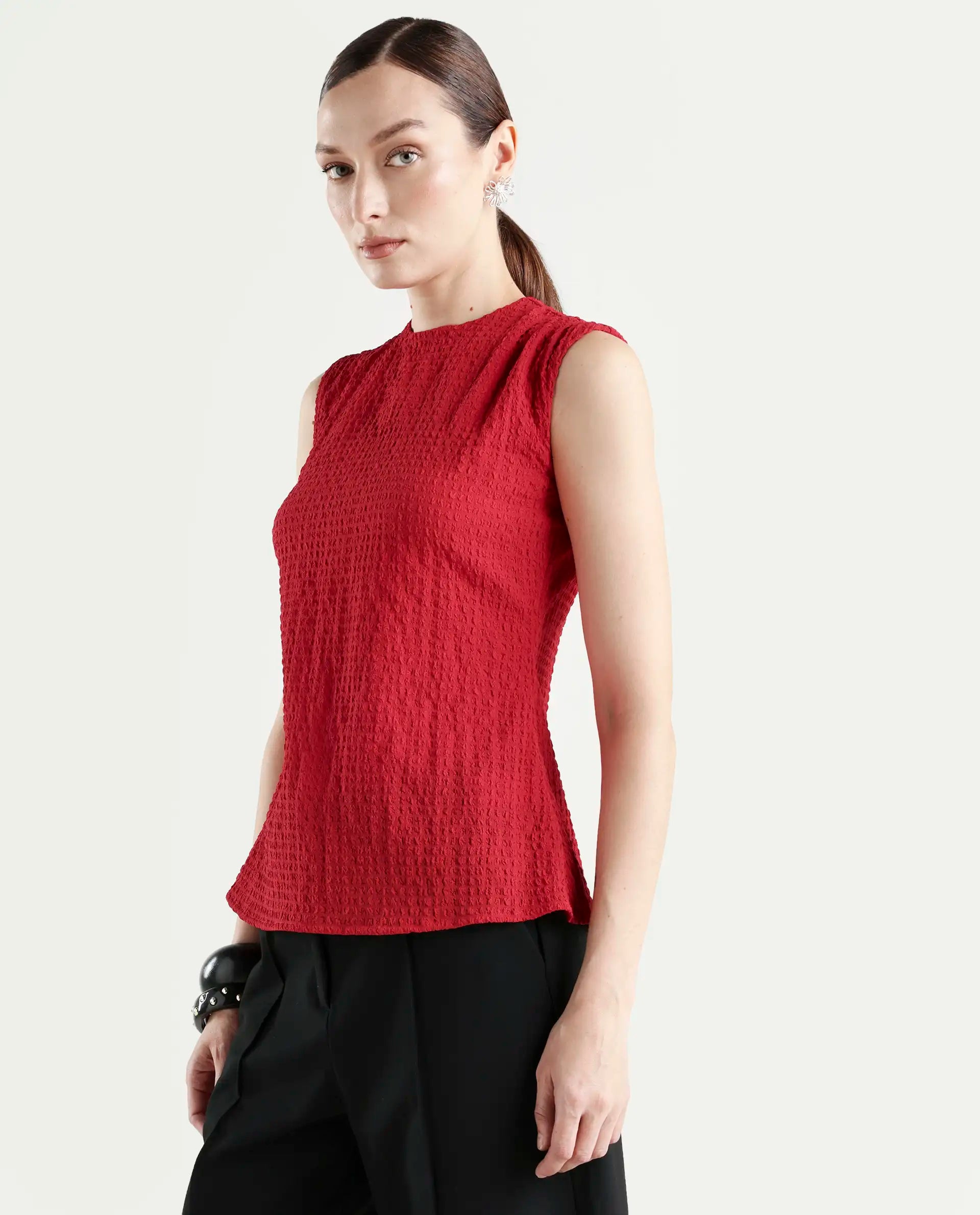 Rareism Women's Arrix Red Polyester Sleeveless Regular Fit Plain Top