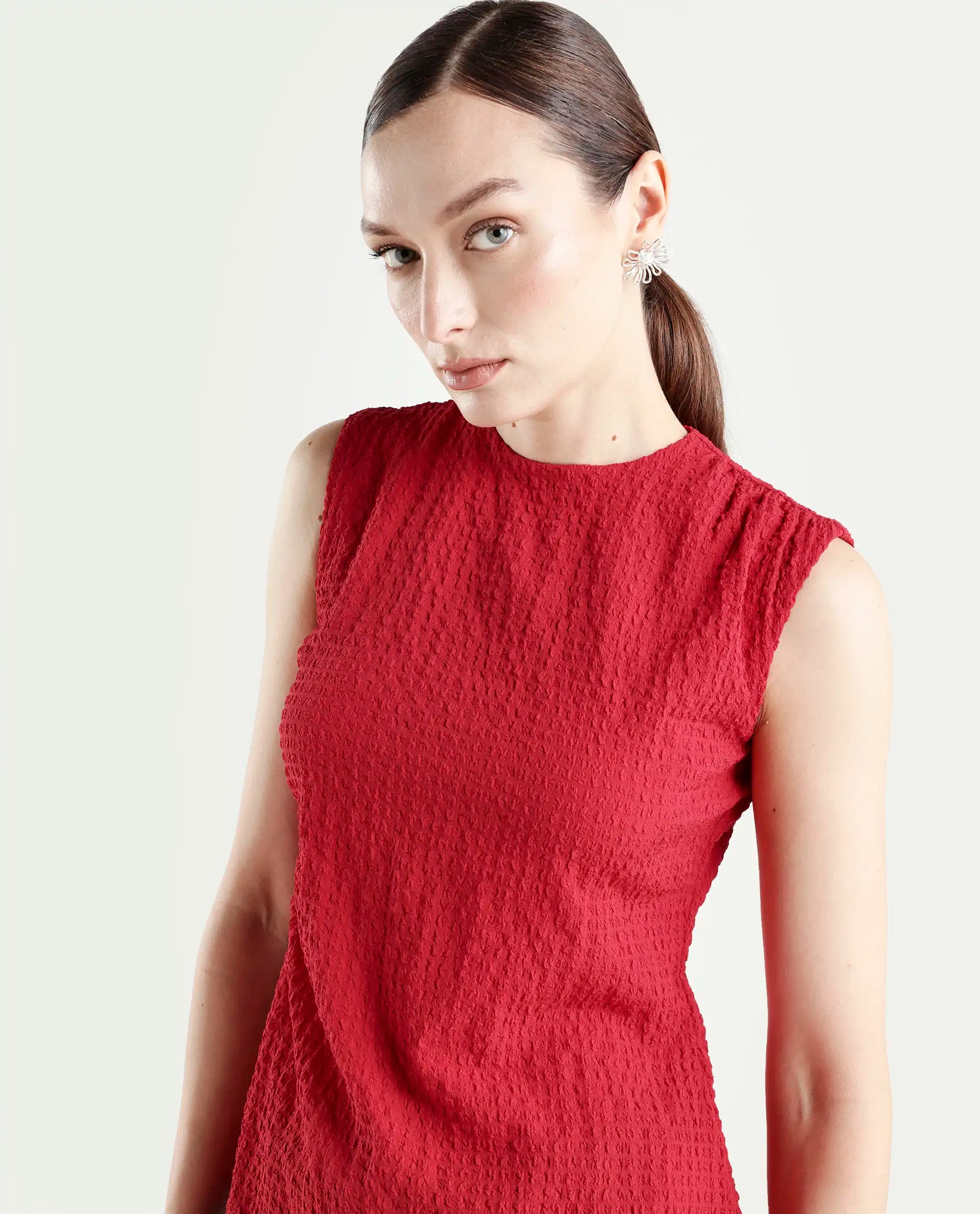 Rareism Women's Arrix Red Polyester Sleeveless Regular Fit Plain Top