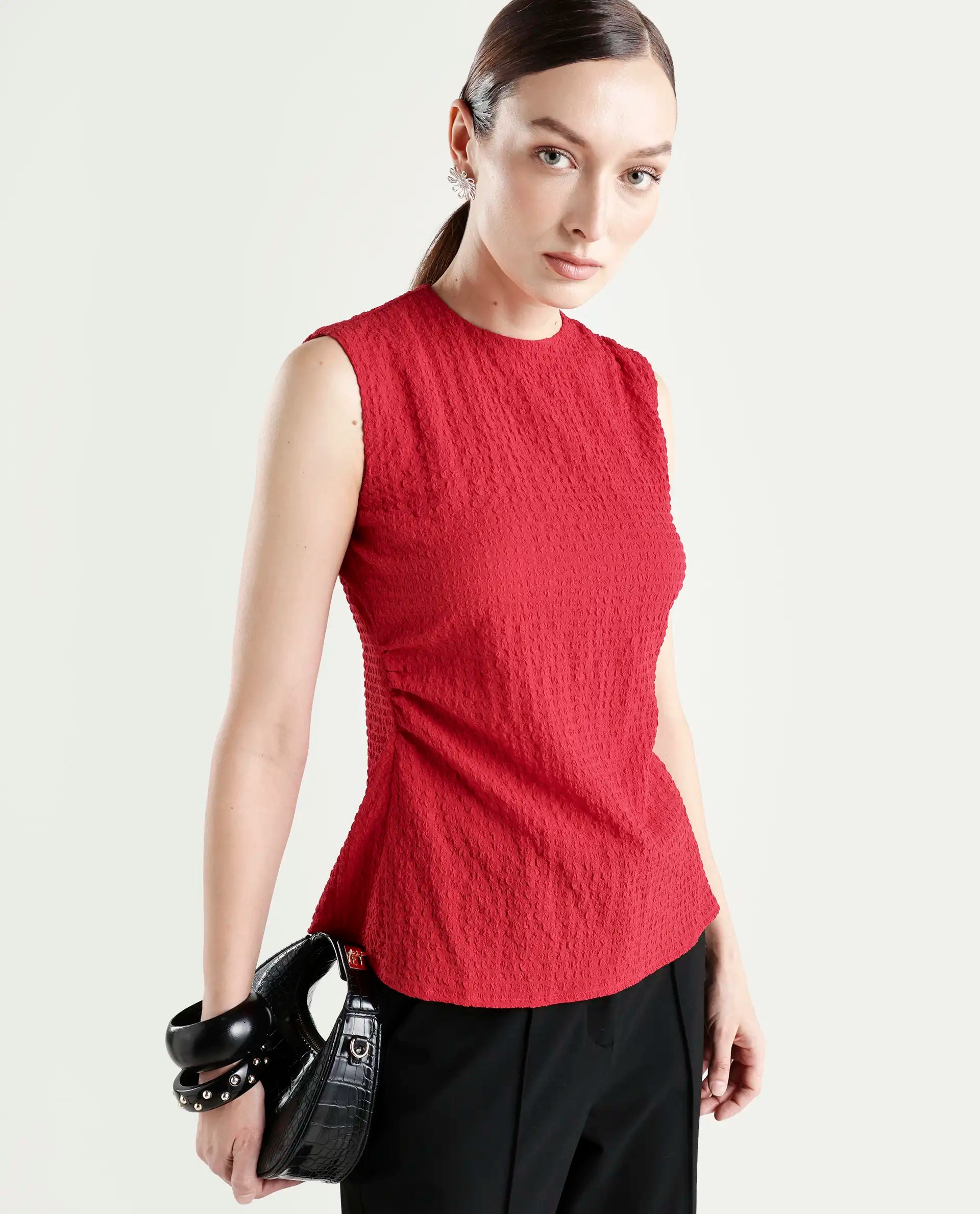 Rareism Women's Arrix Red Polyester Sleeveless Regular Fit Plain Top