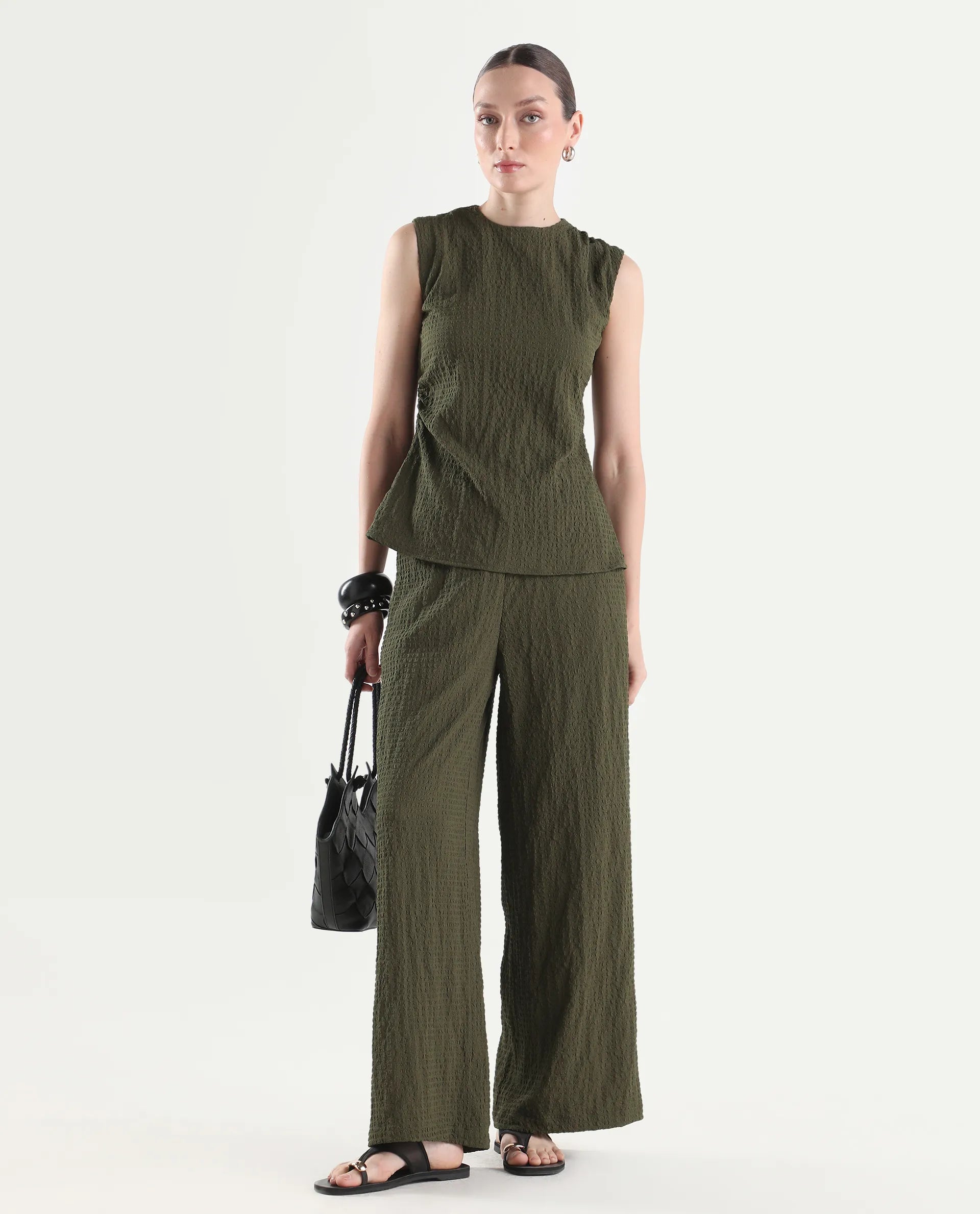 Rareism Women's Arrix-B Olive Polyester Wide Plain Trouser