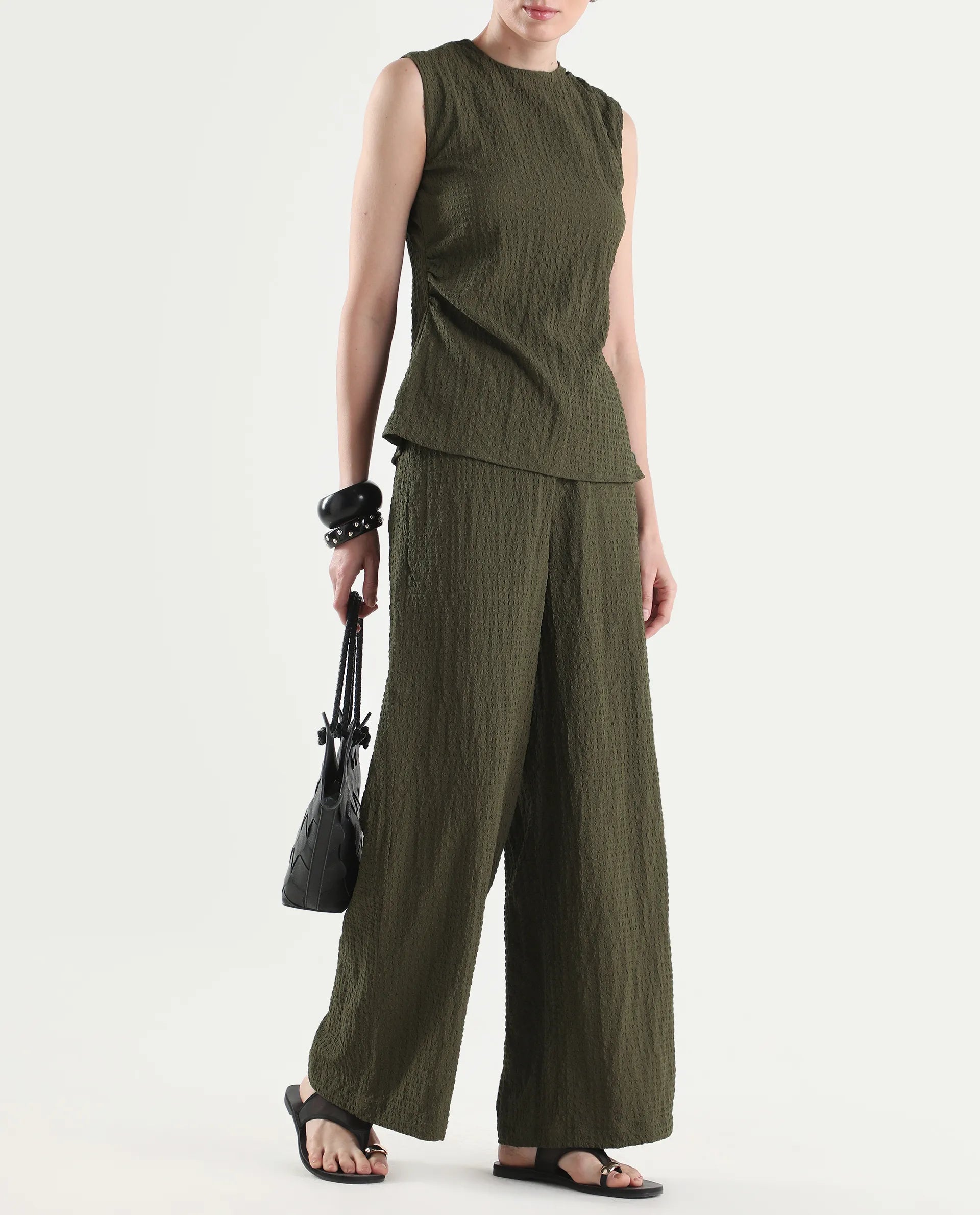 Rareism Women's Arrix-B Olive Polyester Wide Plain Trouser