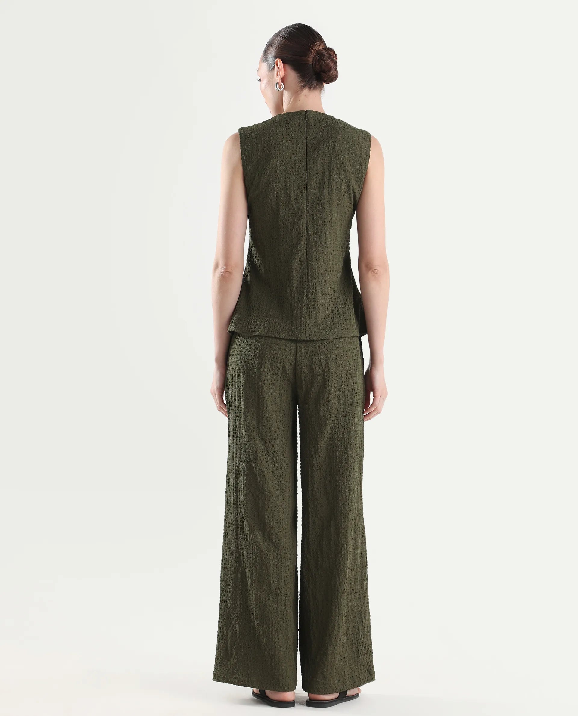 Rareism Women's Arrix-B Olive Polyester Wide Plain Trouser